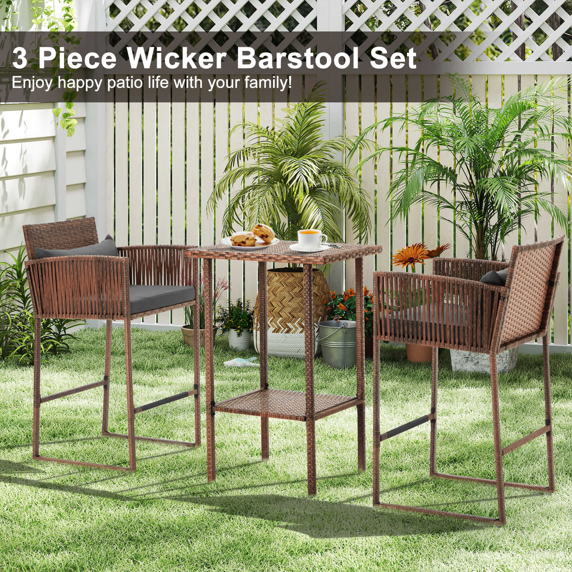 HOMREST 3-Piece Patio Wicker Bar Set, Rattan Bar Table & Stools with Cushion Covers (Blue/Gray)