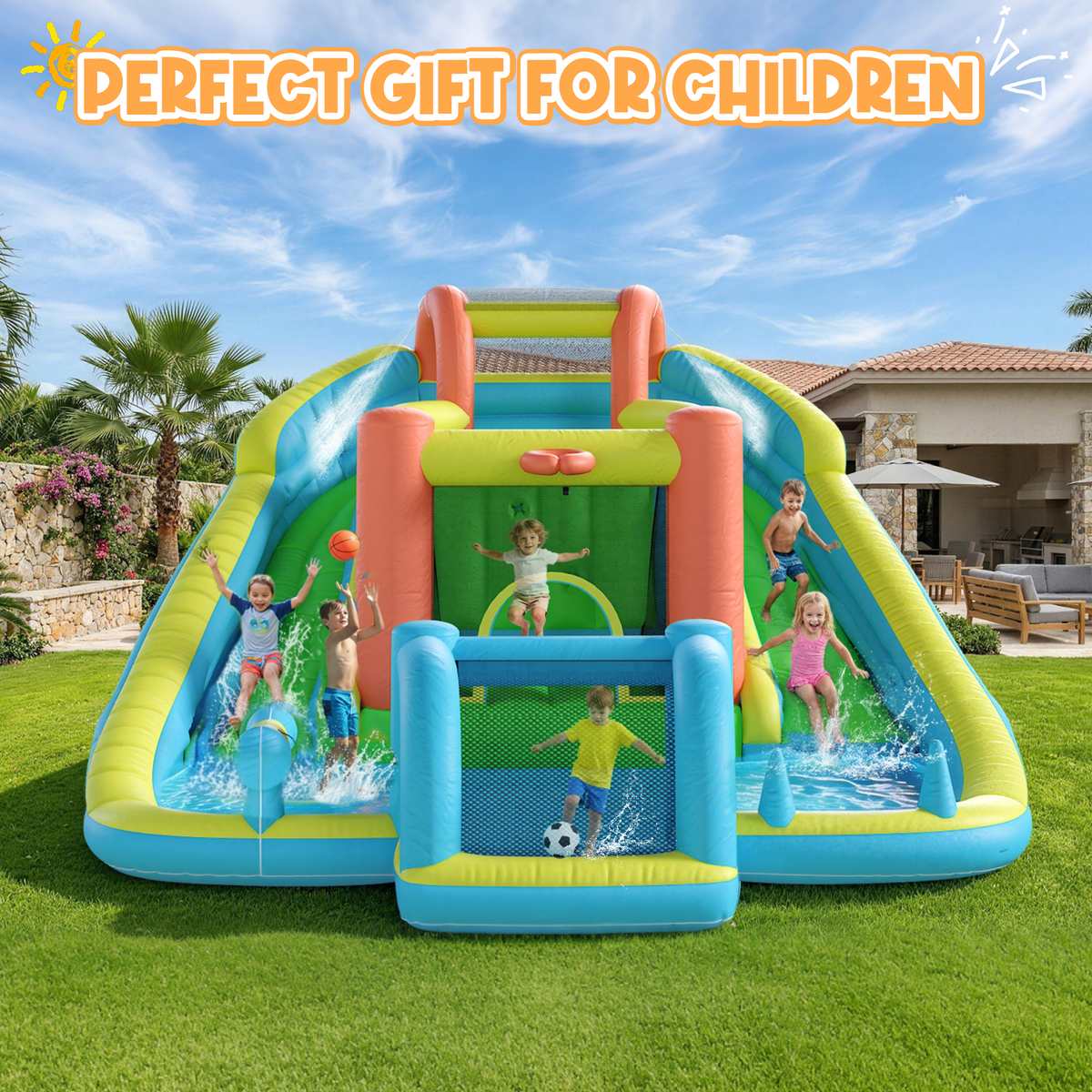 Homrest Inflatable Bounce House with Double Slide, Bouncy Castle for Kids 3-12 with Blower, Water Cannon, Football Net, Jumping, Climbing Wall, Basketball Hoop, Backyard Water Park for Kids