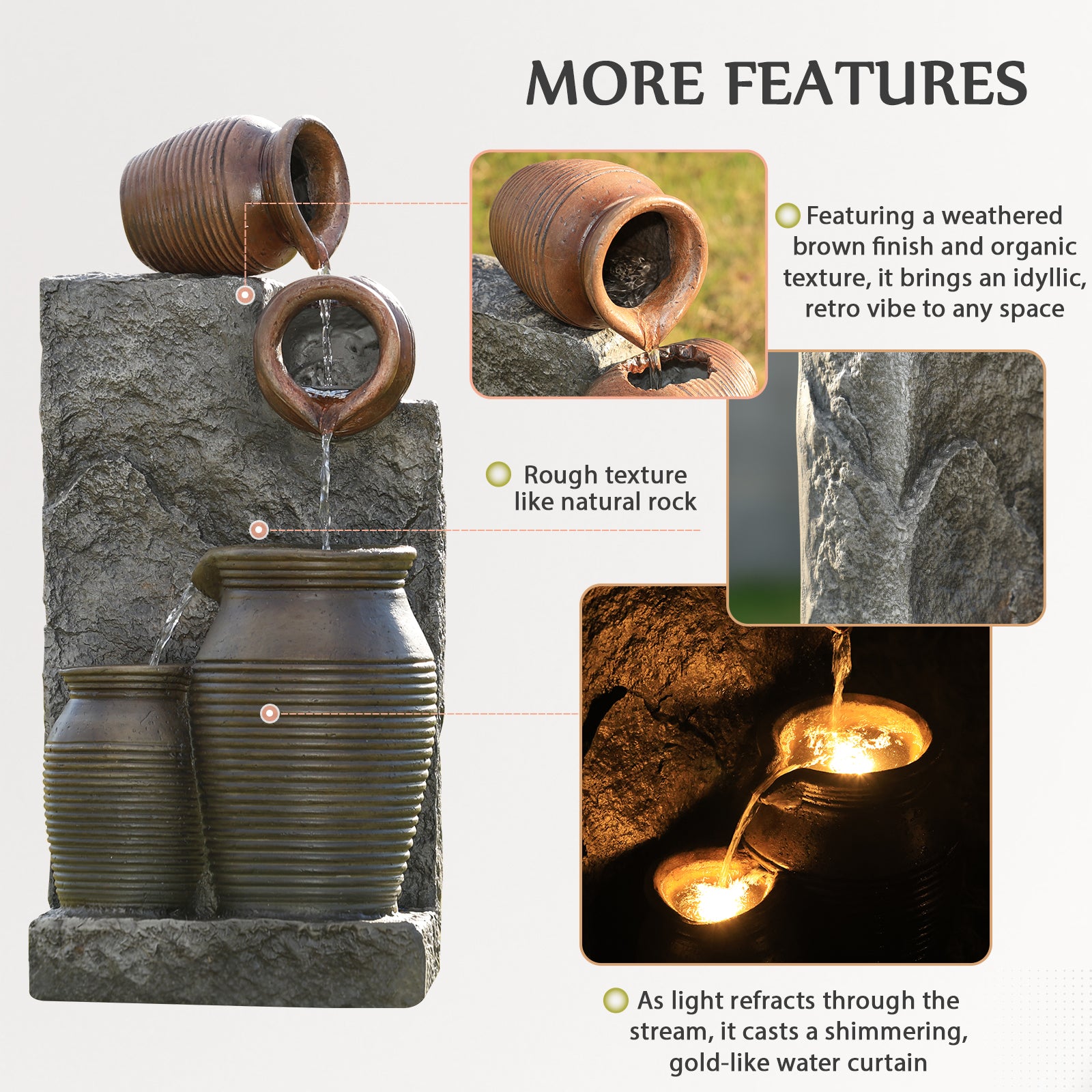 HOMREST 29.9"Tall Outdoor Solar Power Water Fountain - Resin Pottery Cascade Garden Water Fountain with LED Lights Effect  for Patio Deck Yard Home,Brown