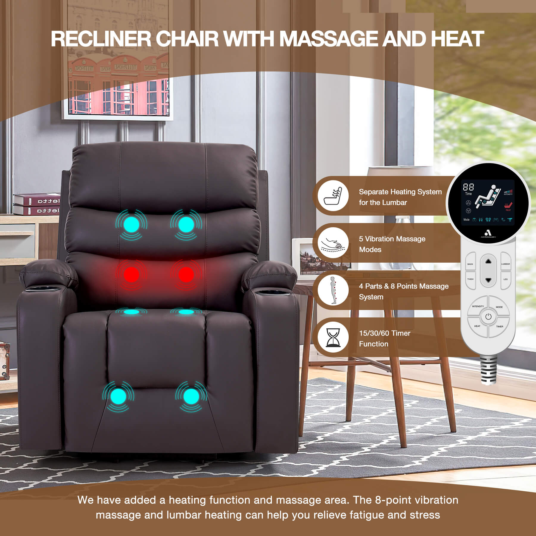 Homrest Power Lift Recliner Chair with Massage & Heat, Brown