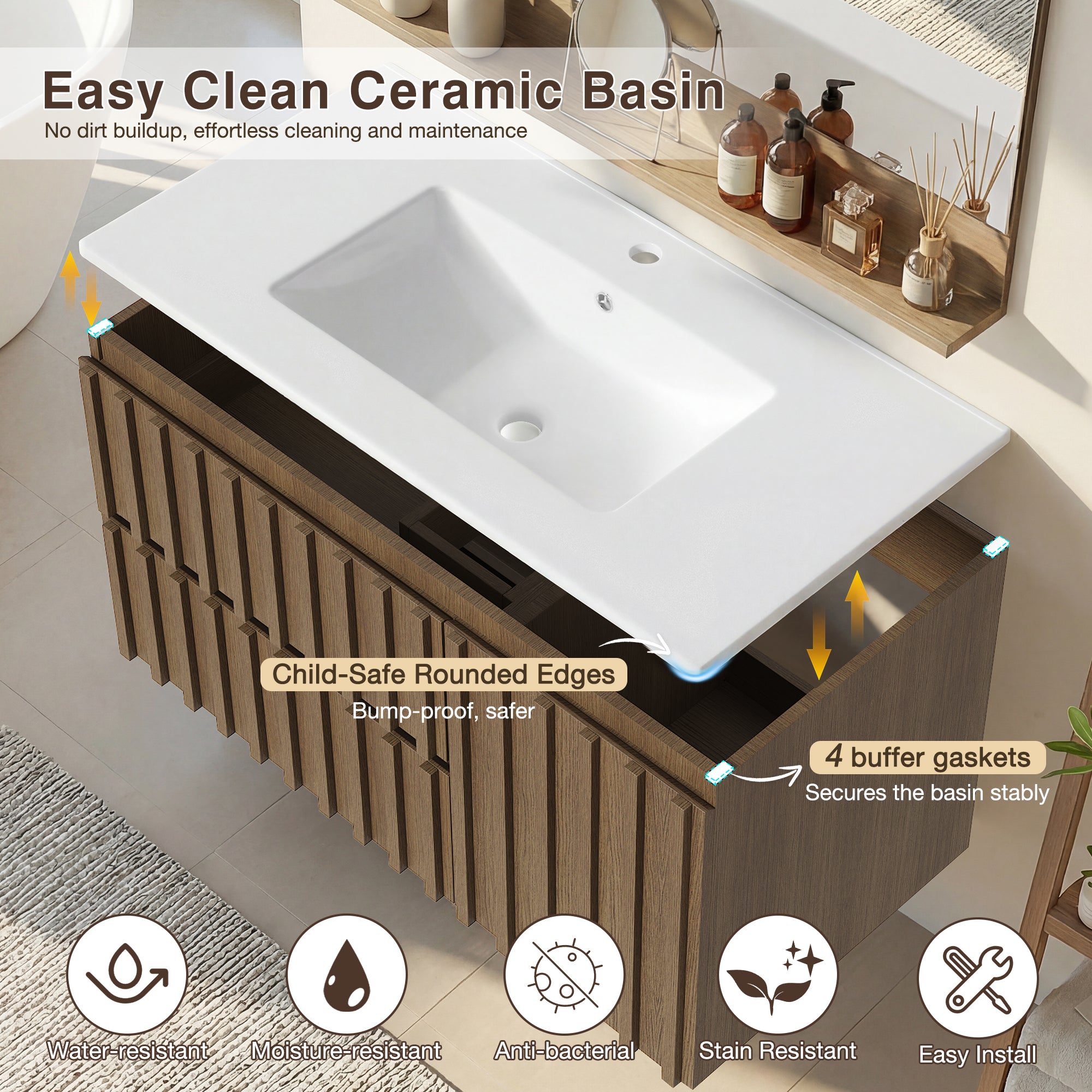 Homrest 36" Wall Mounted Single Bathroom Vanity With Ceramic Sink, Bathroom Vanity With Spacious Cabinet And 2 Soft-close Drawers,  Brown