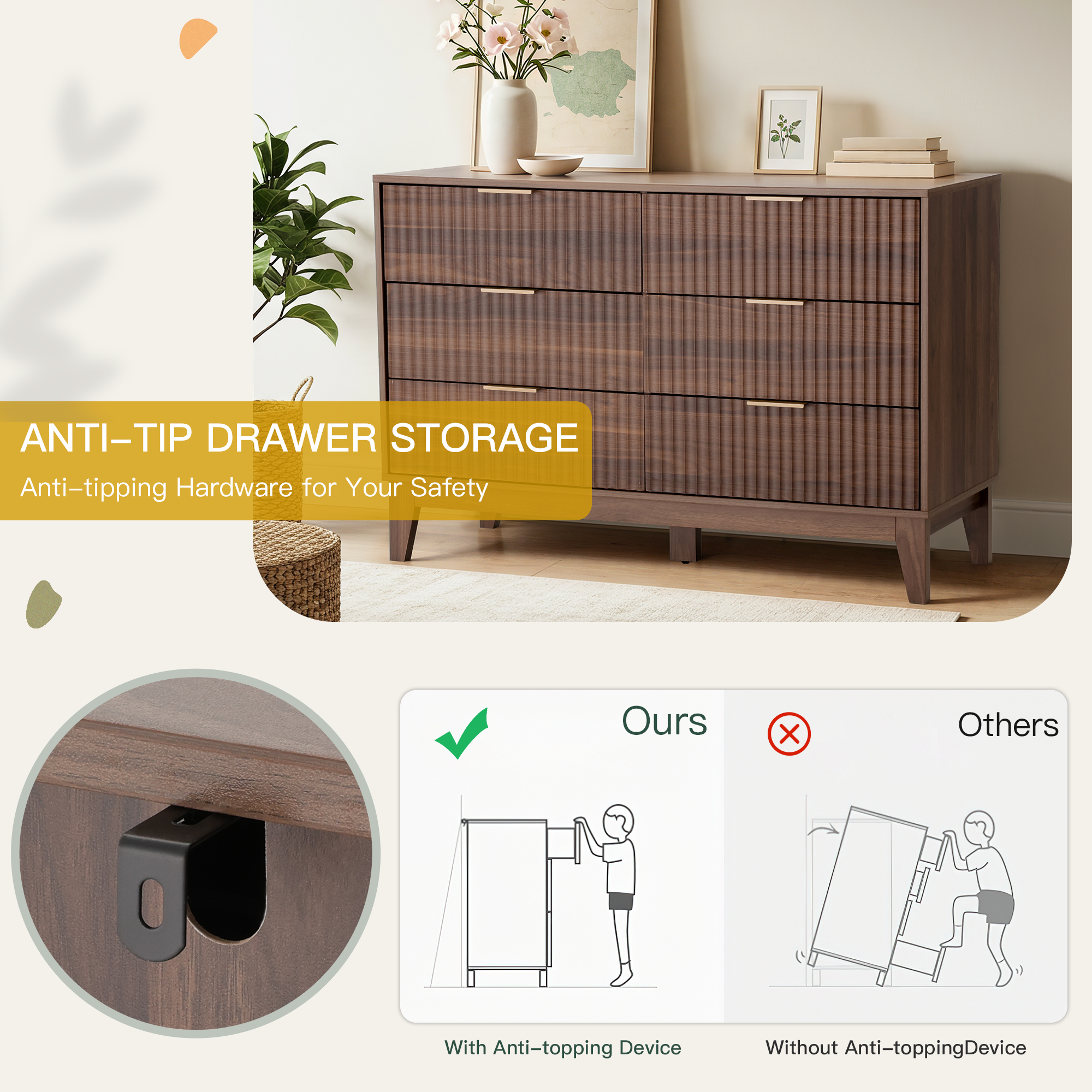 HOMREST Fluted Dresser for Bedroom, 6 Drawer Modern Dresser, Wide Modern Chest of Drawers with Metal Handle, Mid Century Modern Dresser, Walnut