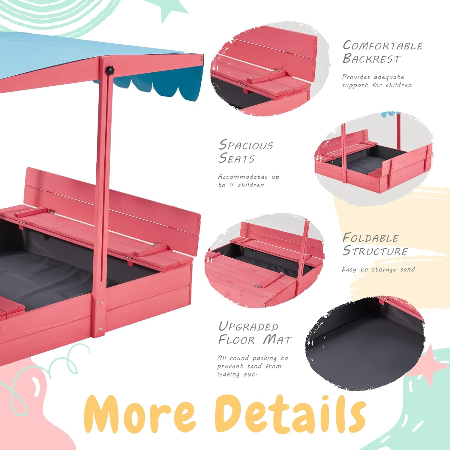 Homrest Kids Sandbox with Cover, Wooden with Height Adjustable Roof,for Aged 3-8, for Backyard, Beach, Lawn, Pink
