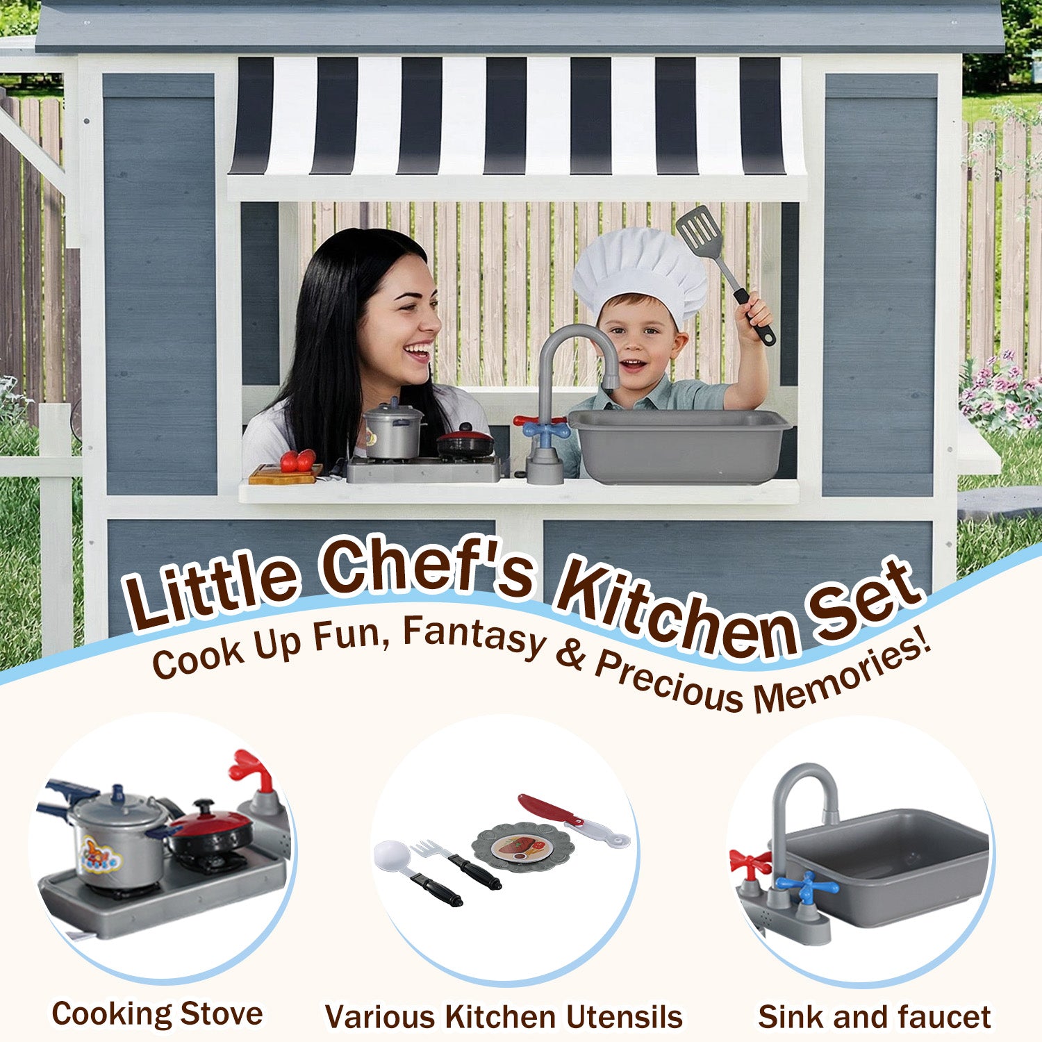 HOMREST Outdoor Playhouse for Kids, Wooden Kid Play House with Kitchen Toys,Blackboard,Chalks,Eraser,Magnetic Door, Bench, Foldable Sunshade Canopy,Flowerpot Holders, Bell, Pet Hole, Clock,Blue Grey
