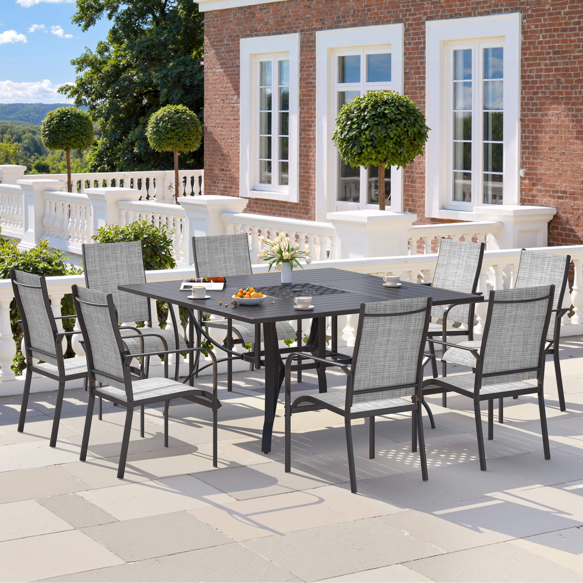 HOMREST 9 Piece Patio Dining Set, Outdoor Dining Table And Chairs Set For 8, 8 PVC-coated polyester Chairs, 1 Iron Square Table With Adjustable Umbrella Hole (1.57"-1.97"), Gray