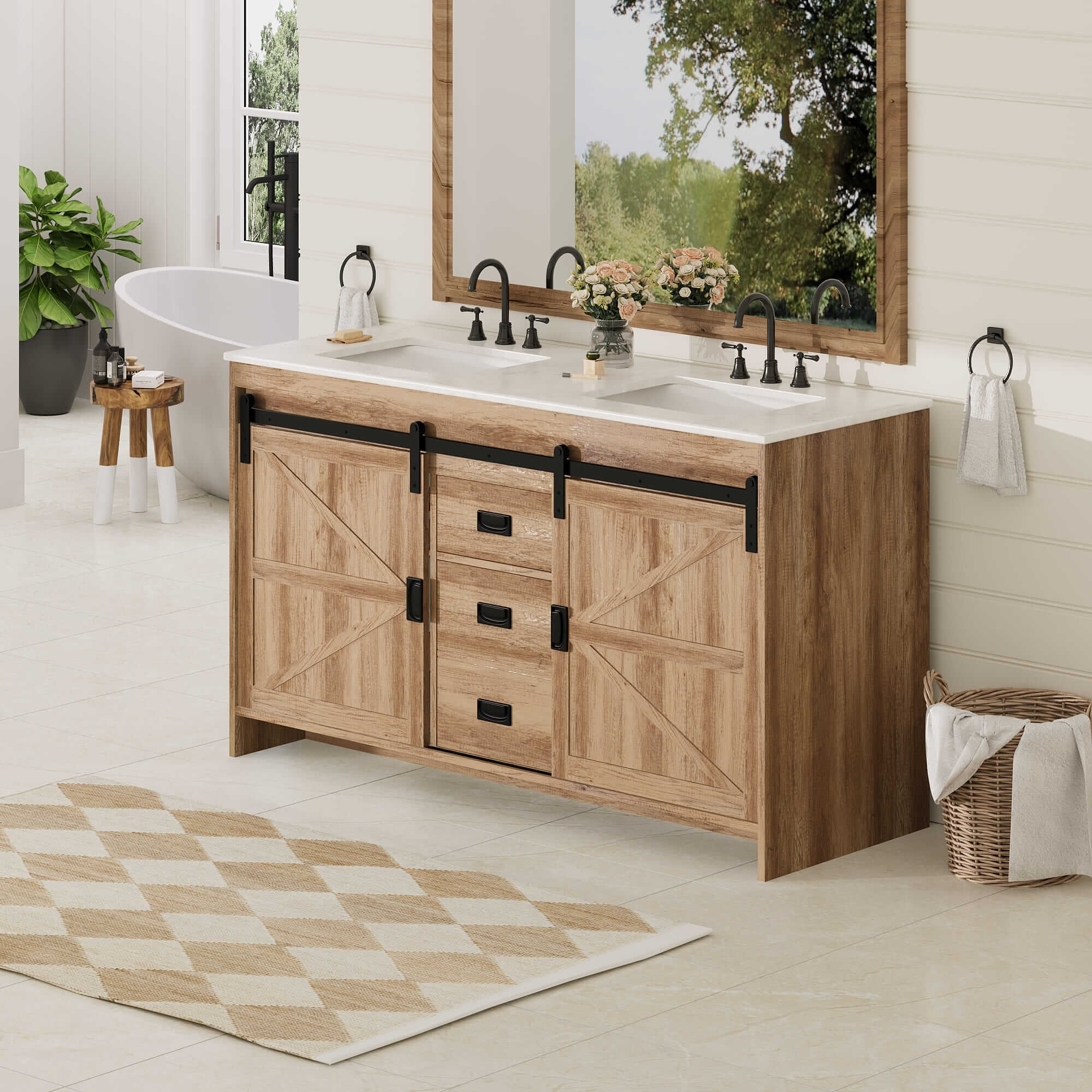 HOMREST 60" Farmhouse Double Bathroom Vanity with engineered stone top, Sliding Barn Door Sink Vanity, Brown