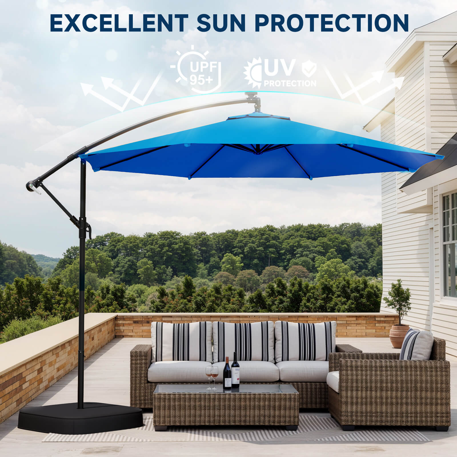 Homrest 10ft Patio Umbrella with Base, Outdoor Offset Cantilever Umbrella, Infinite Tilt, Rolay Blue