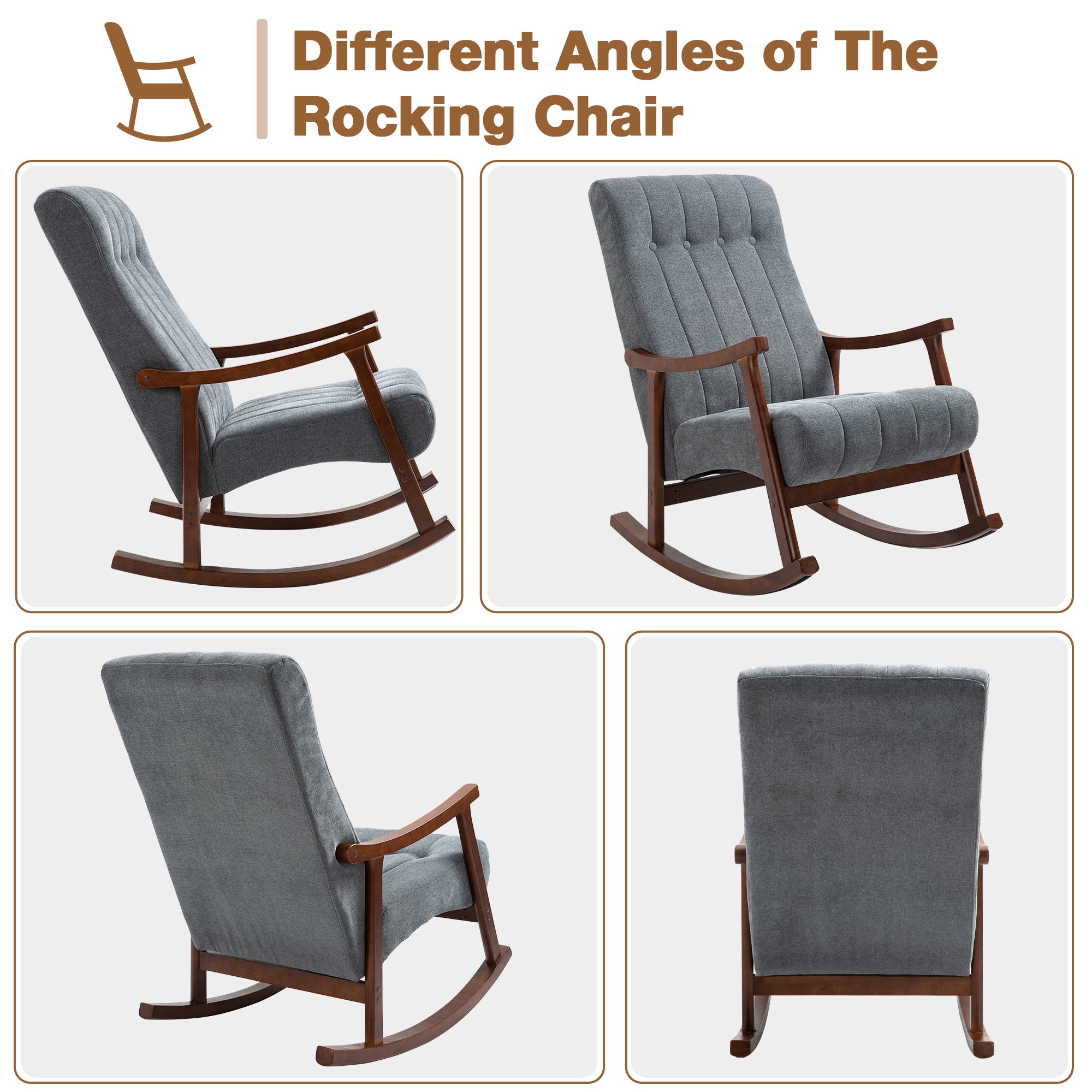 HOMREST Upholstered Rocking Chair with Fabric Padded Seat, Comfortable Rocker Solid Wood for Living Room, Modern High Back Armchair for Adult, Light Gray