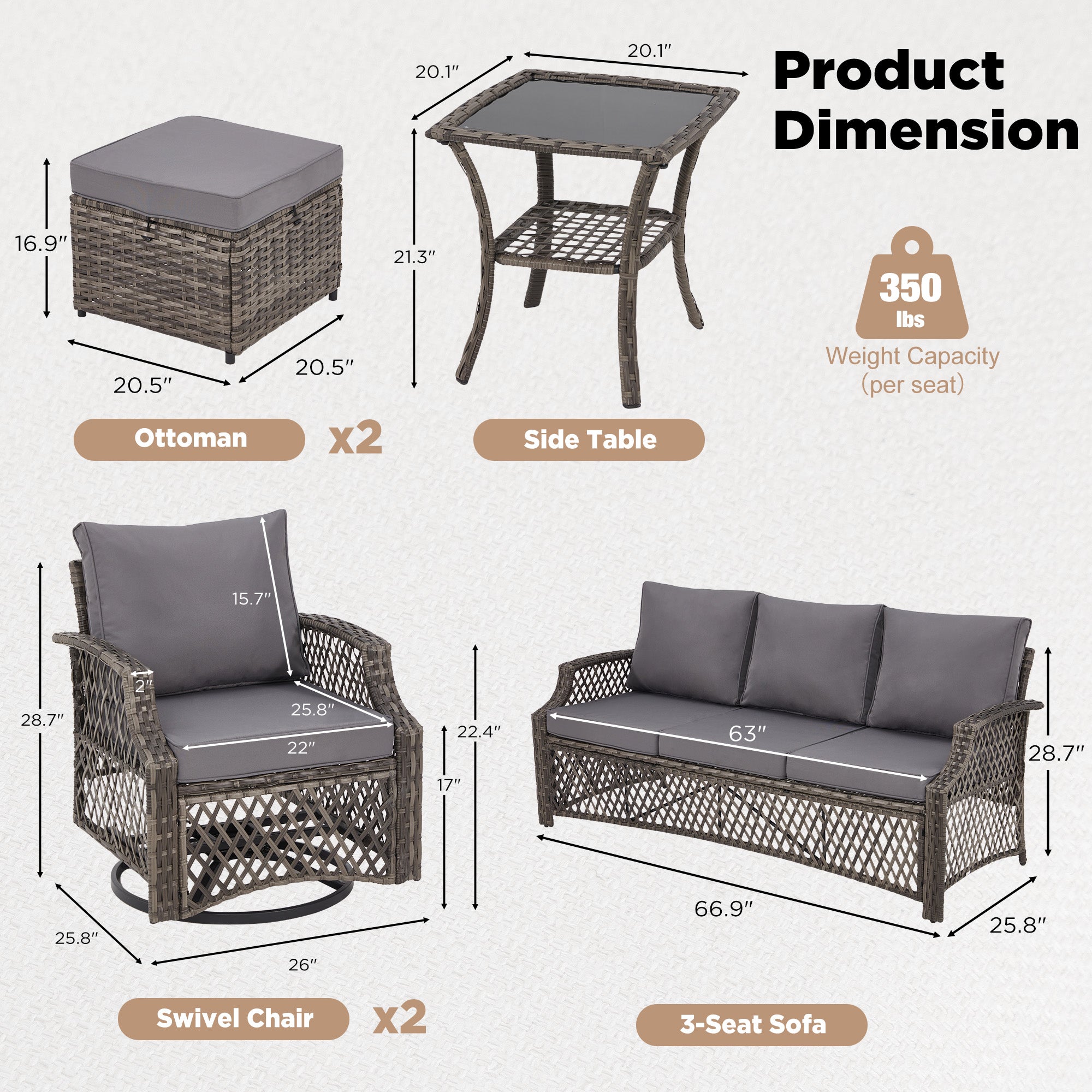 HOMREST 6 Piece Patio Furniture Set, Rattan Outdoor Sectional for Deck Backyard Porch (7 Seats, Gray)
