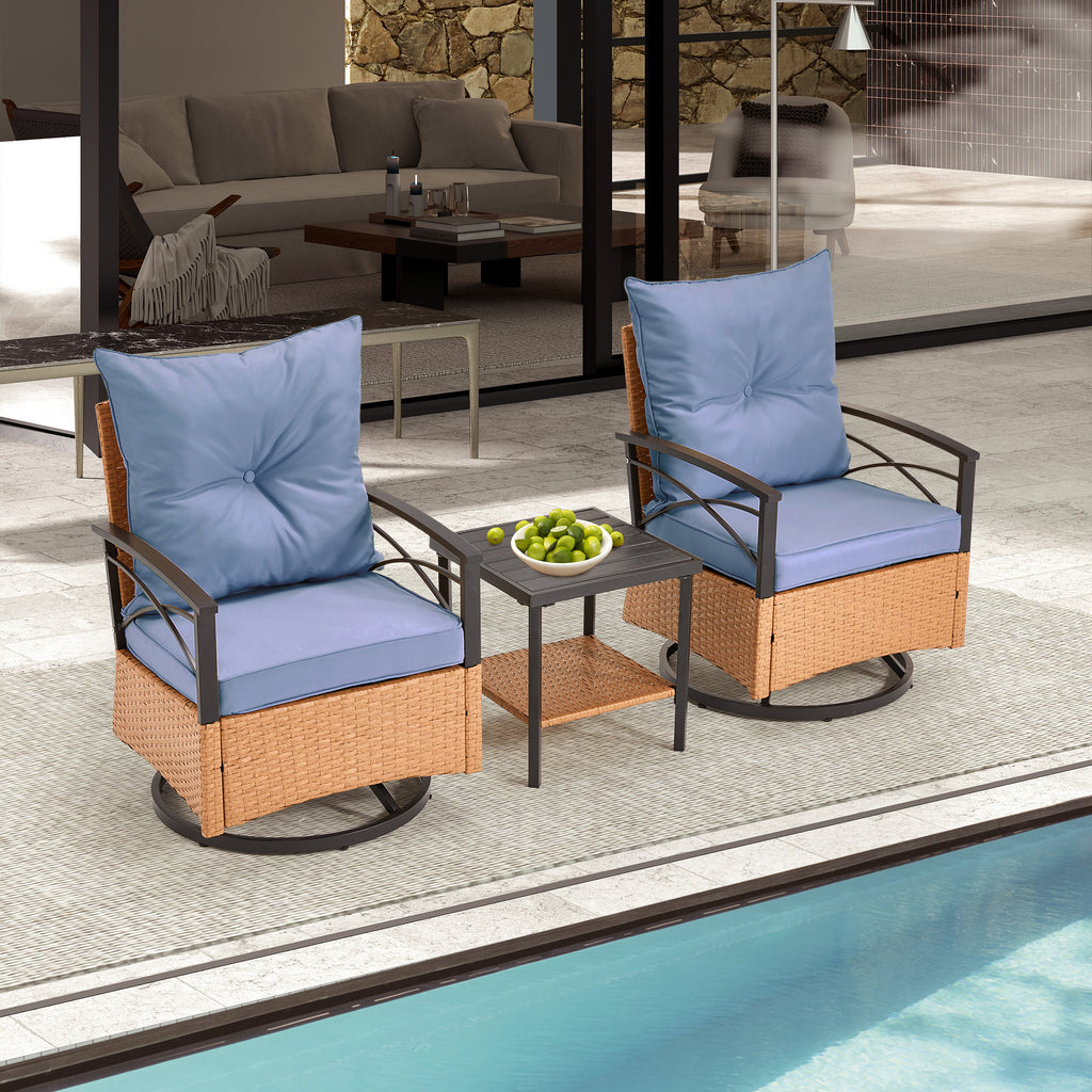 HOMREST 3-Piece Patio Swivel Rocker Set with Rattan Coffee Table, Blue