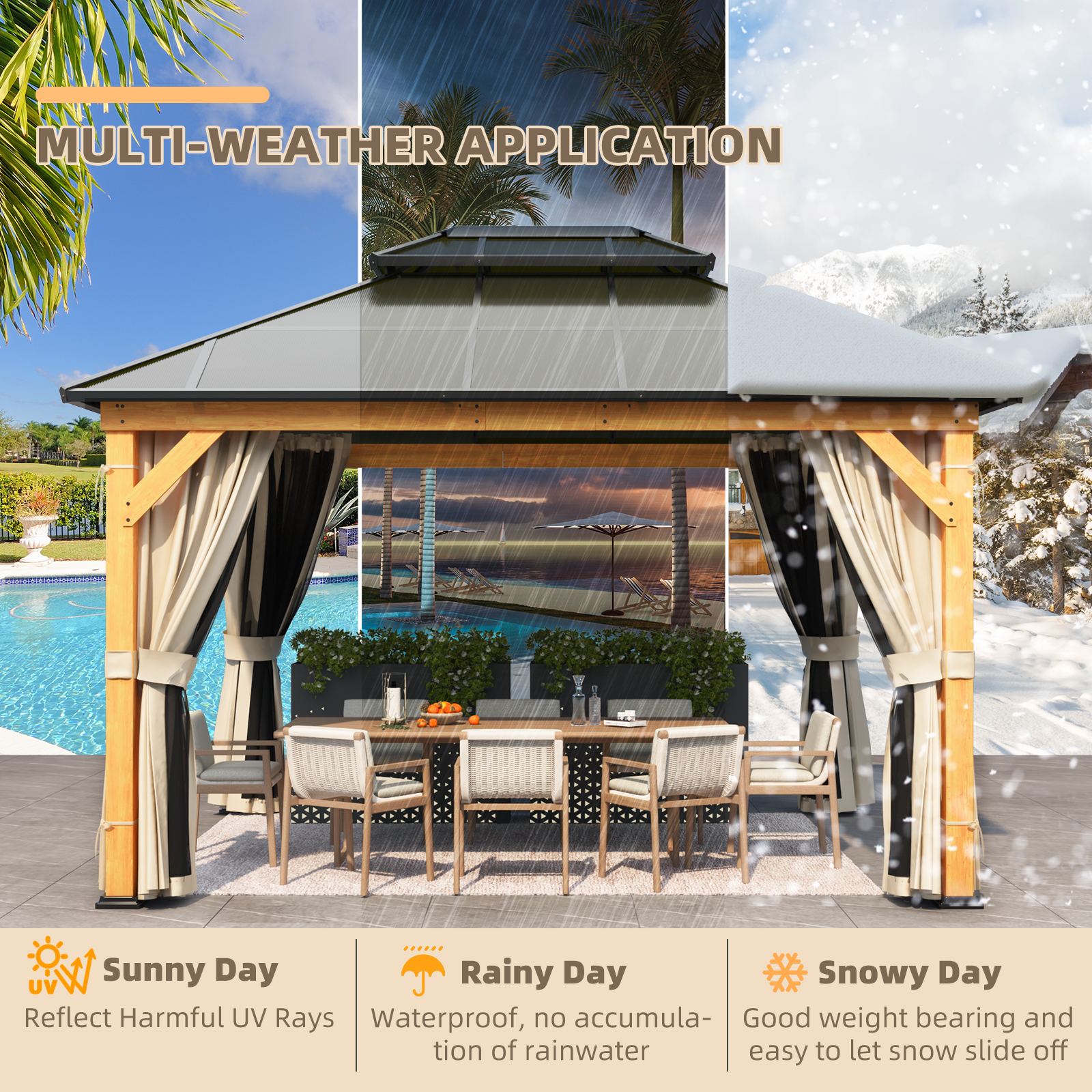 Homrest 11'x 13' Hardtop Gazebo, Wood Outdoor Gazebo, Polycarbonate Double Roof, Netting and Curtains, Patio Gazebo