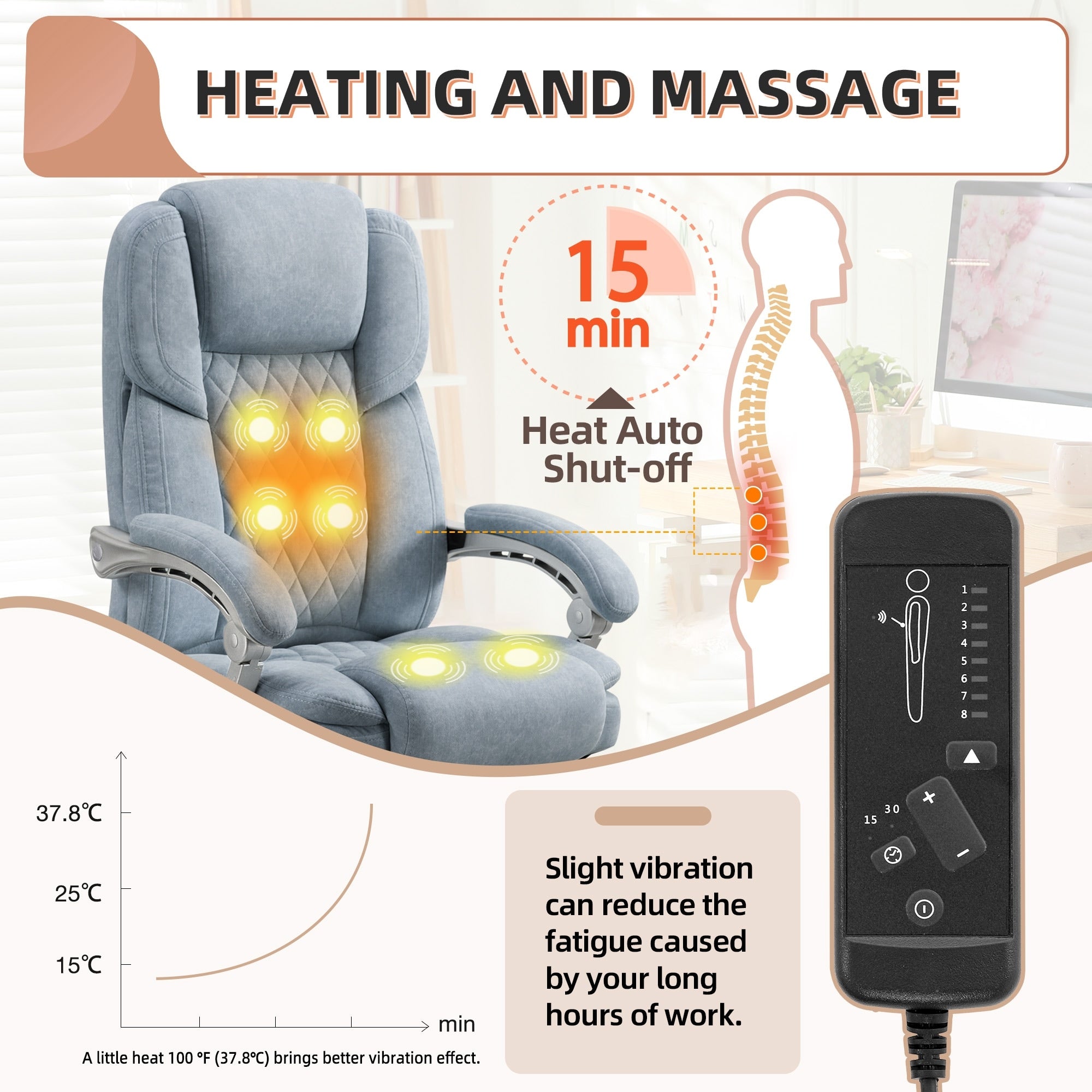 Homrest Reclining Desk Chair with Big and Tall Massage and Heated, Airy Blue