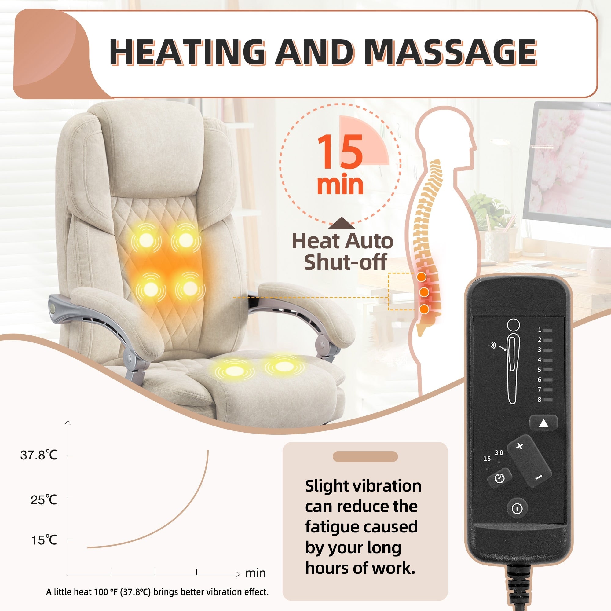 Homrest Beige High Back Chair, Comfortable Office Chair with Footrest, Heat and Masage