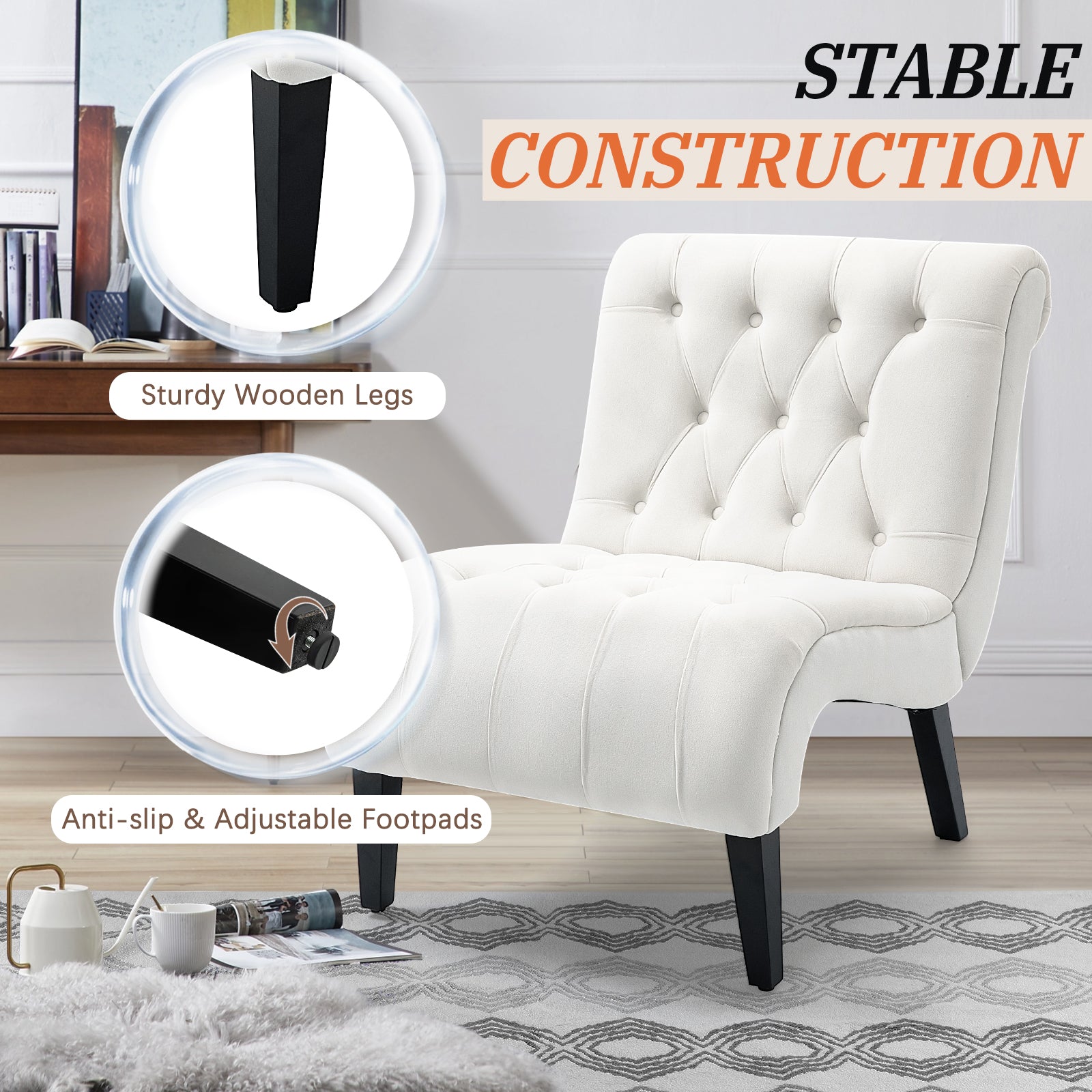 HOMREST Armless Accent Chair, Upholstered Button Tufted Living Room Chairs with Wood Legs, Comfy Frosted Velvet Lounge Chair Reading Chair for Bedroom, Cream White