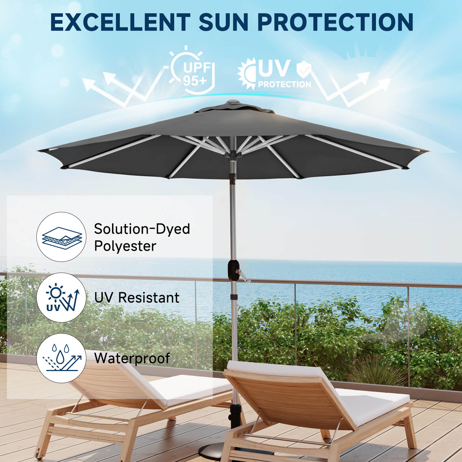 HOMREST 10FT Aluminum Outdoor Patio Umbrella with Push Button Tilt Function, Grey