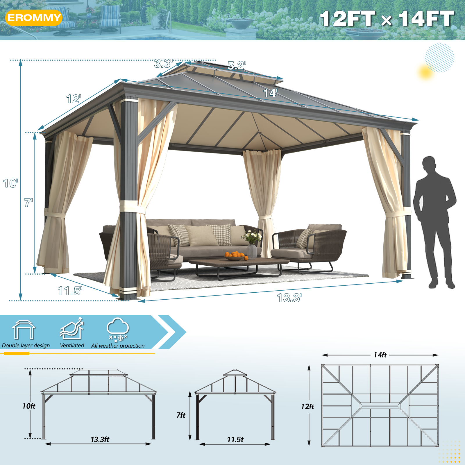 Homrest 12' x 14' Hardtop Permanent Outdoor Aluminum Patio Gazebo with Double Roof for Patio and Garden, Curtains and Netting