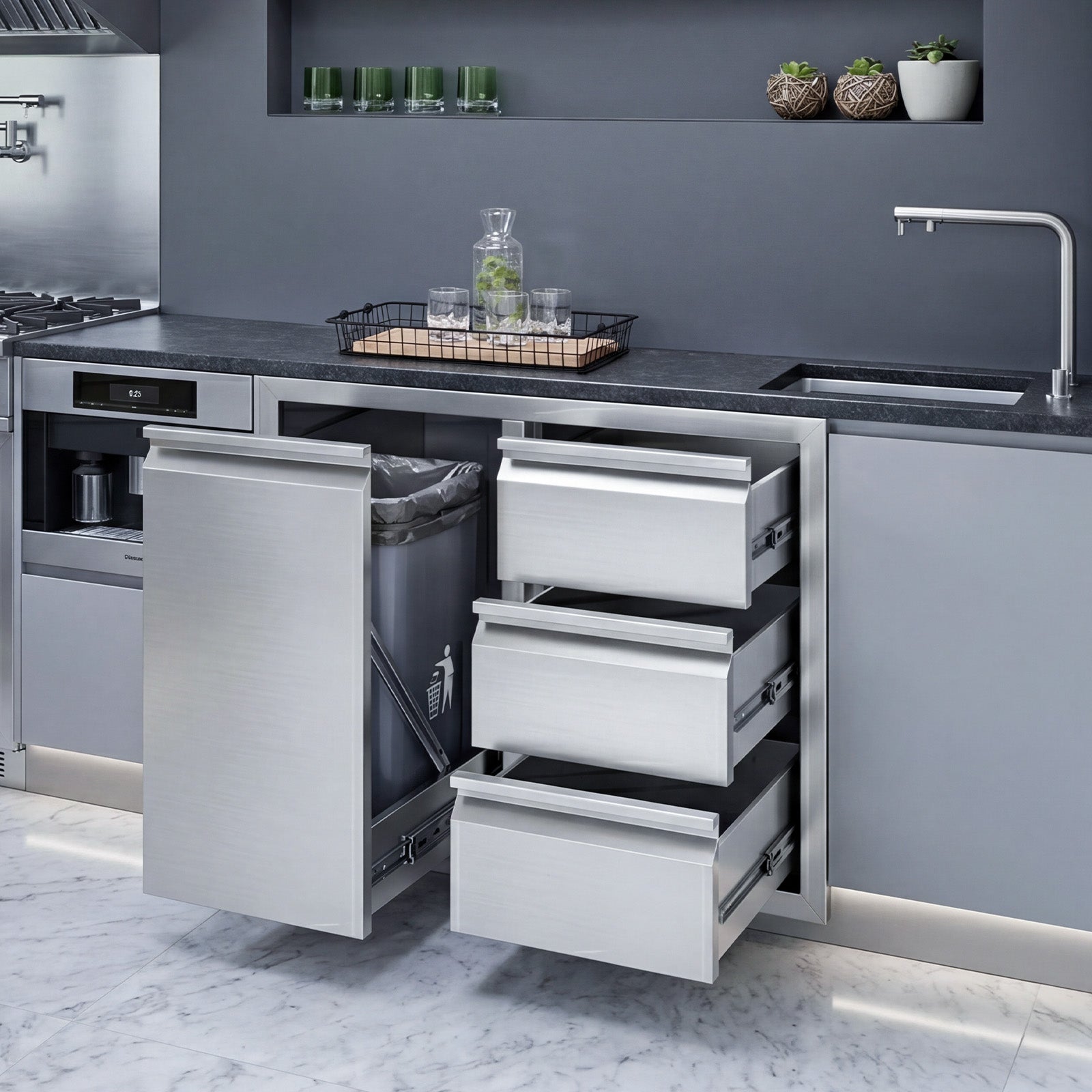 HOMREST Outdoor Kitchen Drawer and Trash Bin Combo - 28"Wx20"Dx23"H Built-in 304 Stainless Steel Cabinet with Triple Drawers & Pull-Out Trash Drawer, Silver