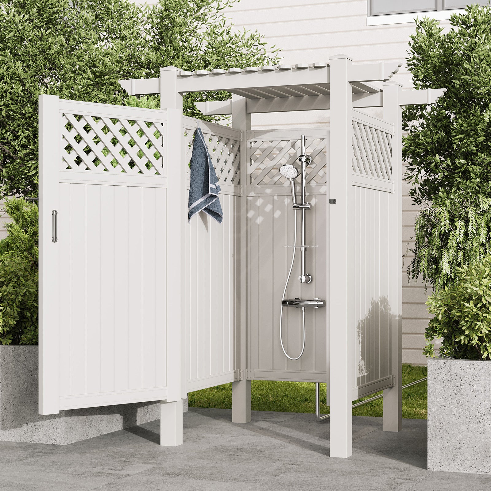 HOMREST 88.5"H x 57.5"W x 47.75"L White PVC Outdoor Shower Enclosure with Door, Weatherproof Privacy Stall for Pool & Beach, Durable Vinyl Construction（Grid-panel with roof）