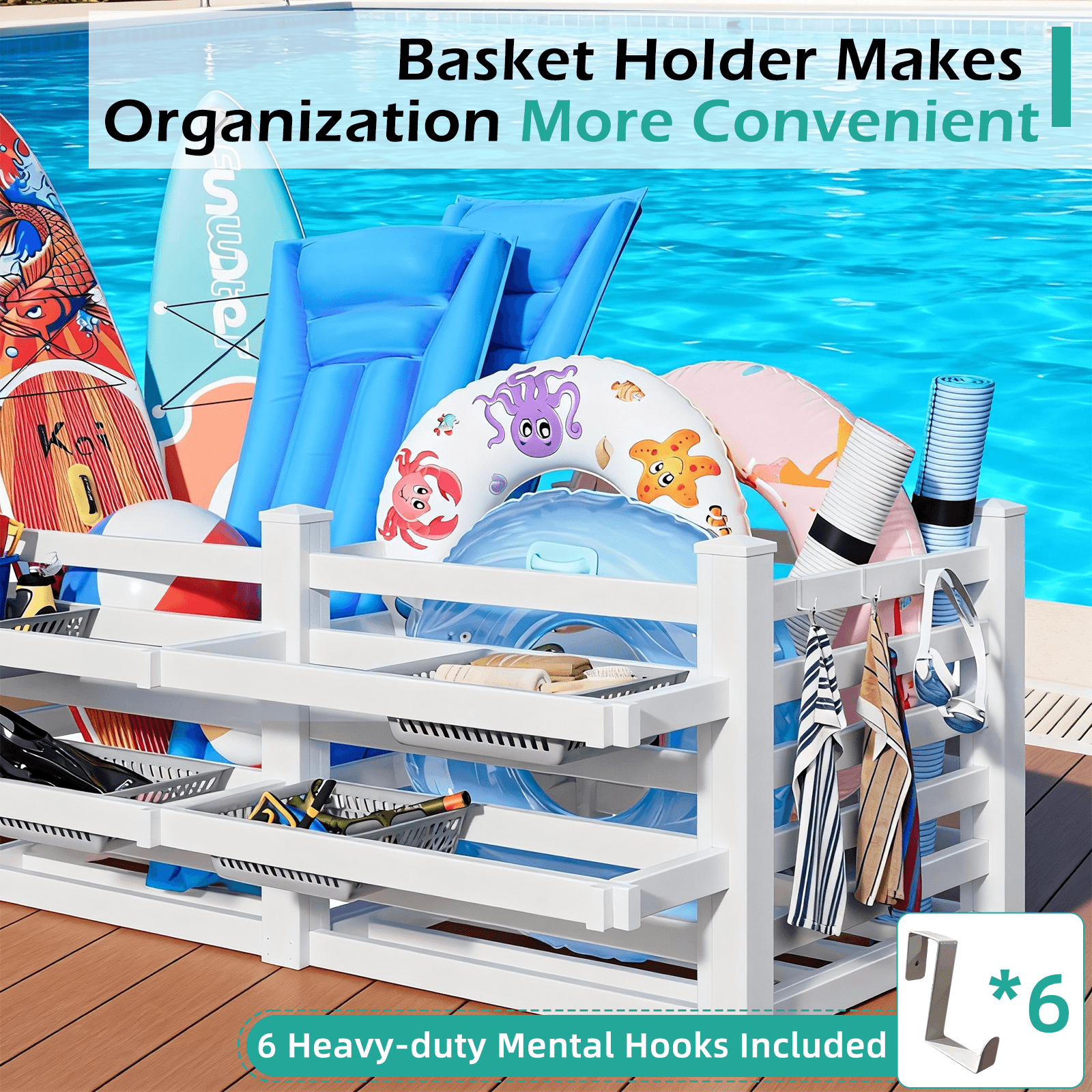 HOMREST 64" W x 92" L x 38" H Extra Large Pool Storage Organizer with Hooks, Waterproof Float Storage Bin, White