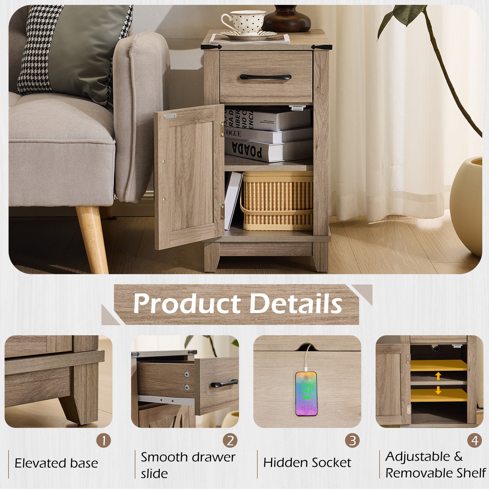HOMREST Farmhouse End Table with Charging Station, Narrow Side Table for Living Room, Nightstand with Drawer and Storage Cabinet, Gray
