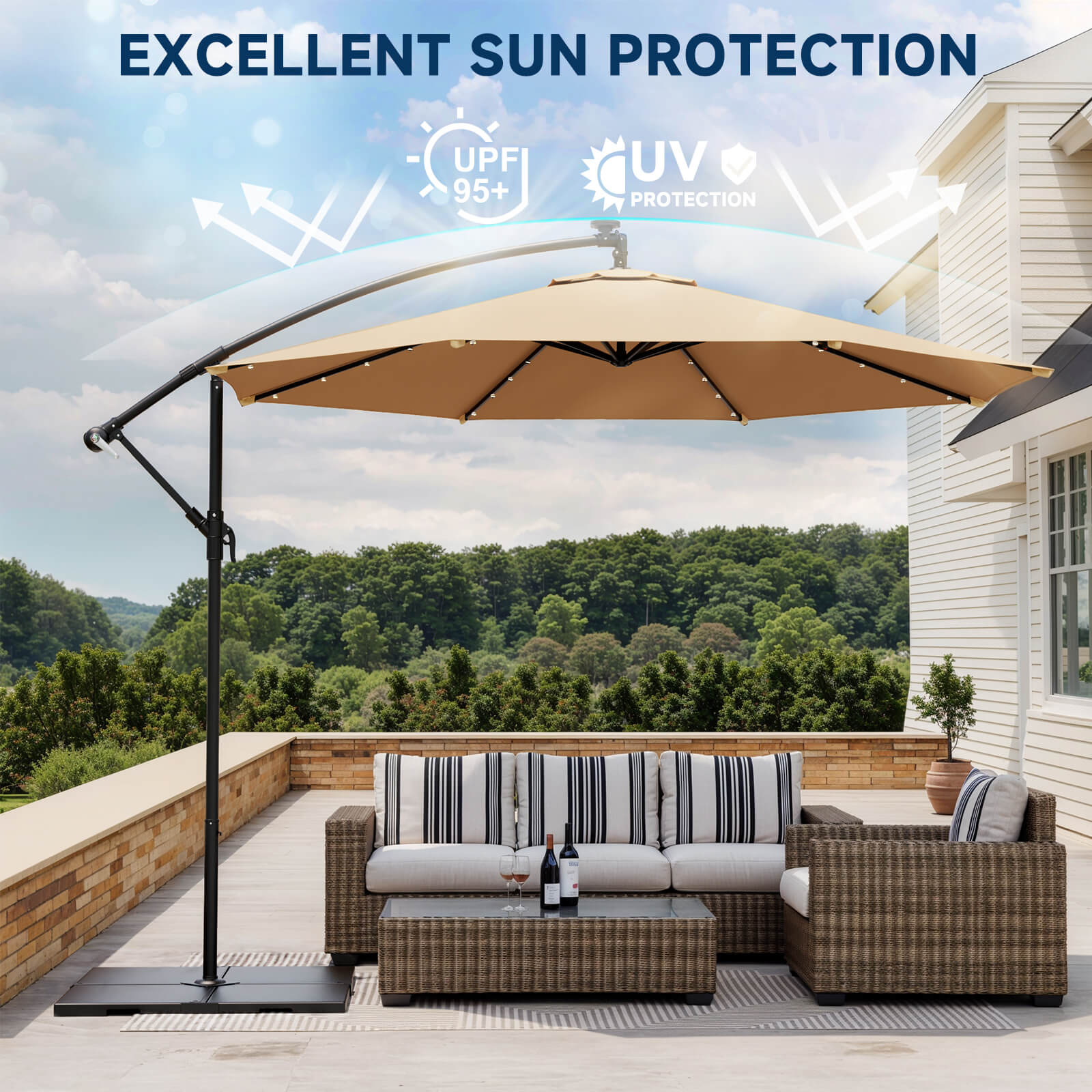 Homrest 10ft Solar Lighted Patio Umbrella, Infinite Tilt, Crank and Cross Base, Beige