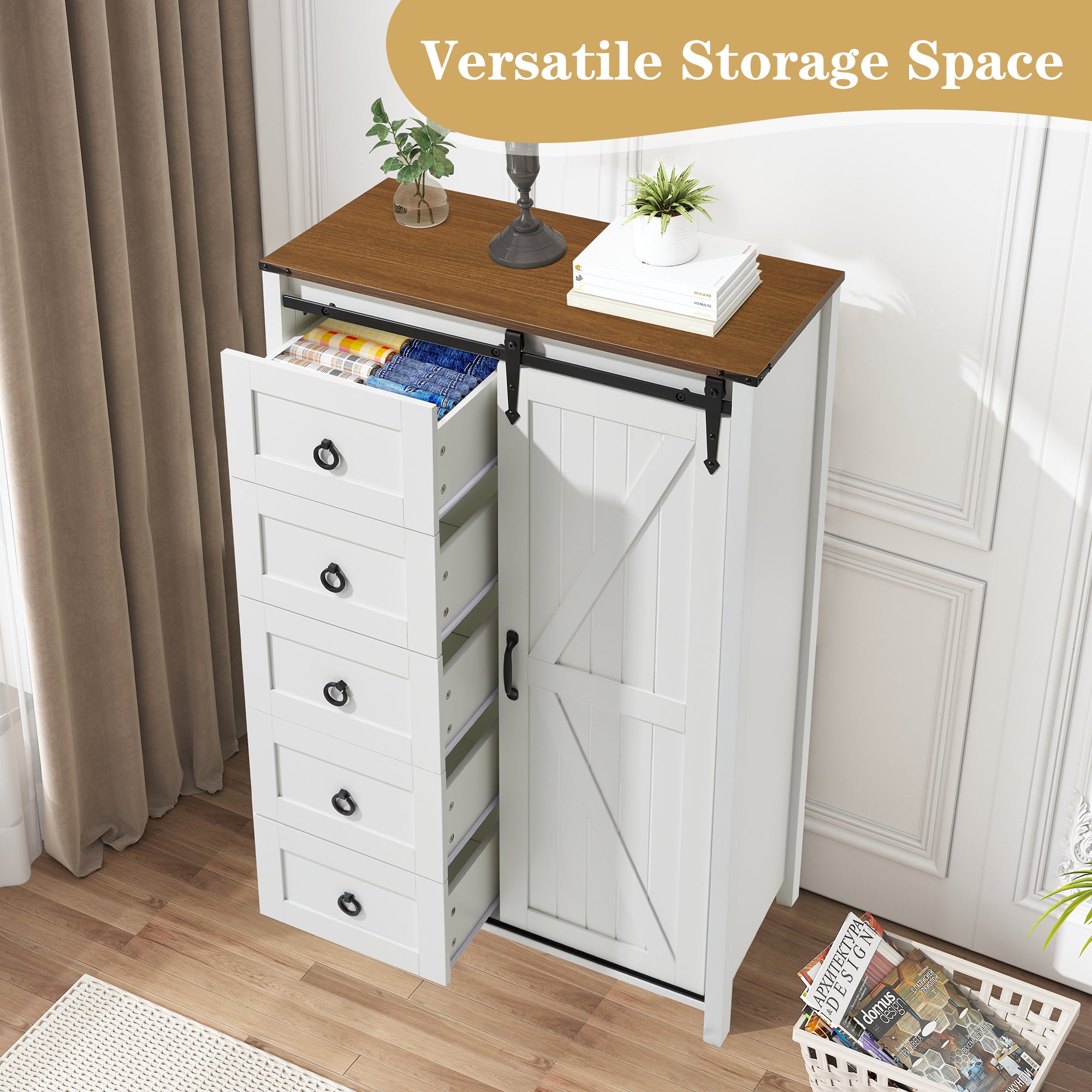 HOMREST Farmhouse 48" Tall Chest of Drawers, Wooden Closet Dresser with Sliding Barn Door, Storage Organizer Dresser for Living Room, Hallway, White