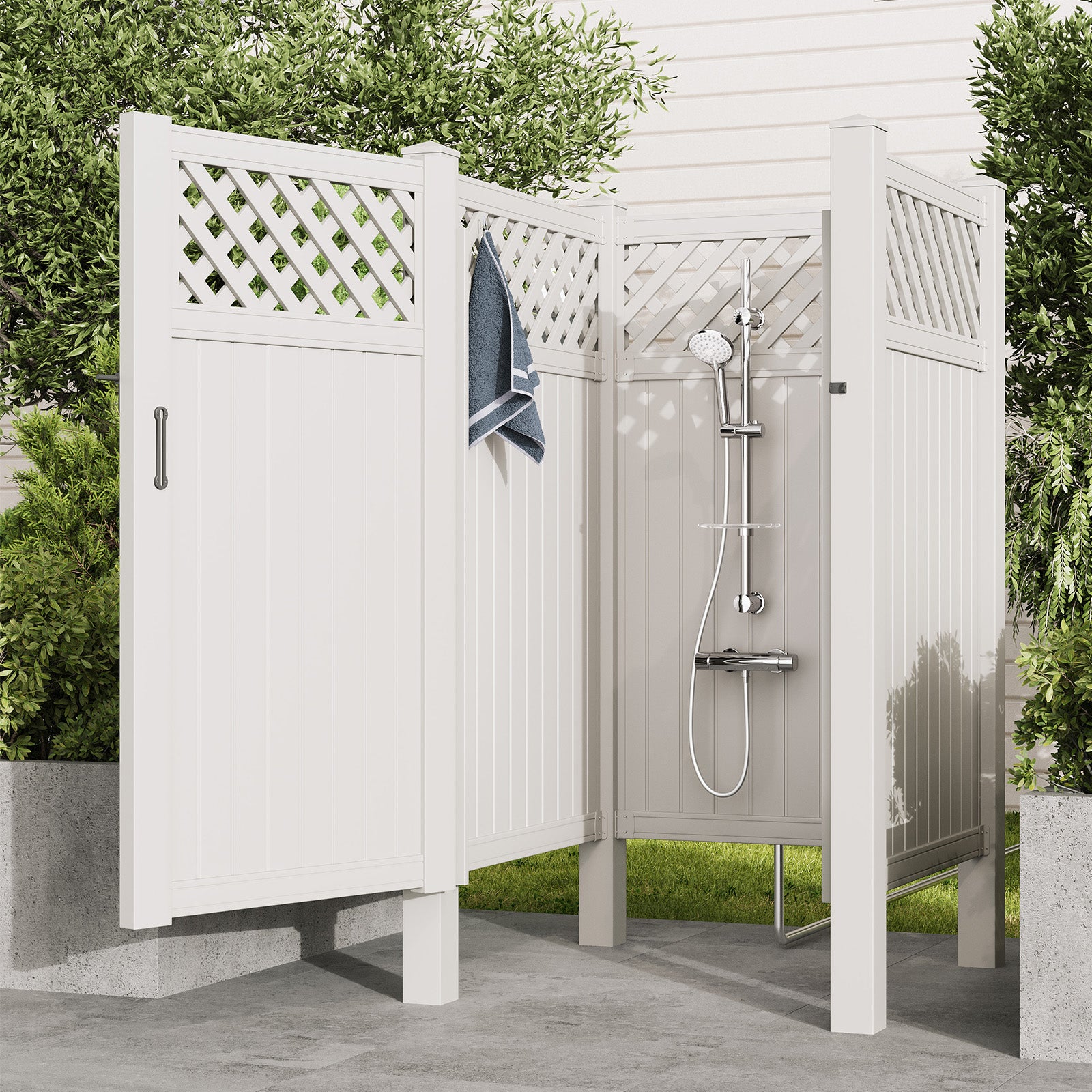 HOMREST 80.75"H x 45.75"W x 45.75"L White PVC Outdoor Shower Enclosure with Door, Weatherproof Privacy Stall for Pool & Beach, Durable Vinyl Construction(Grid-panel)