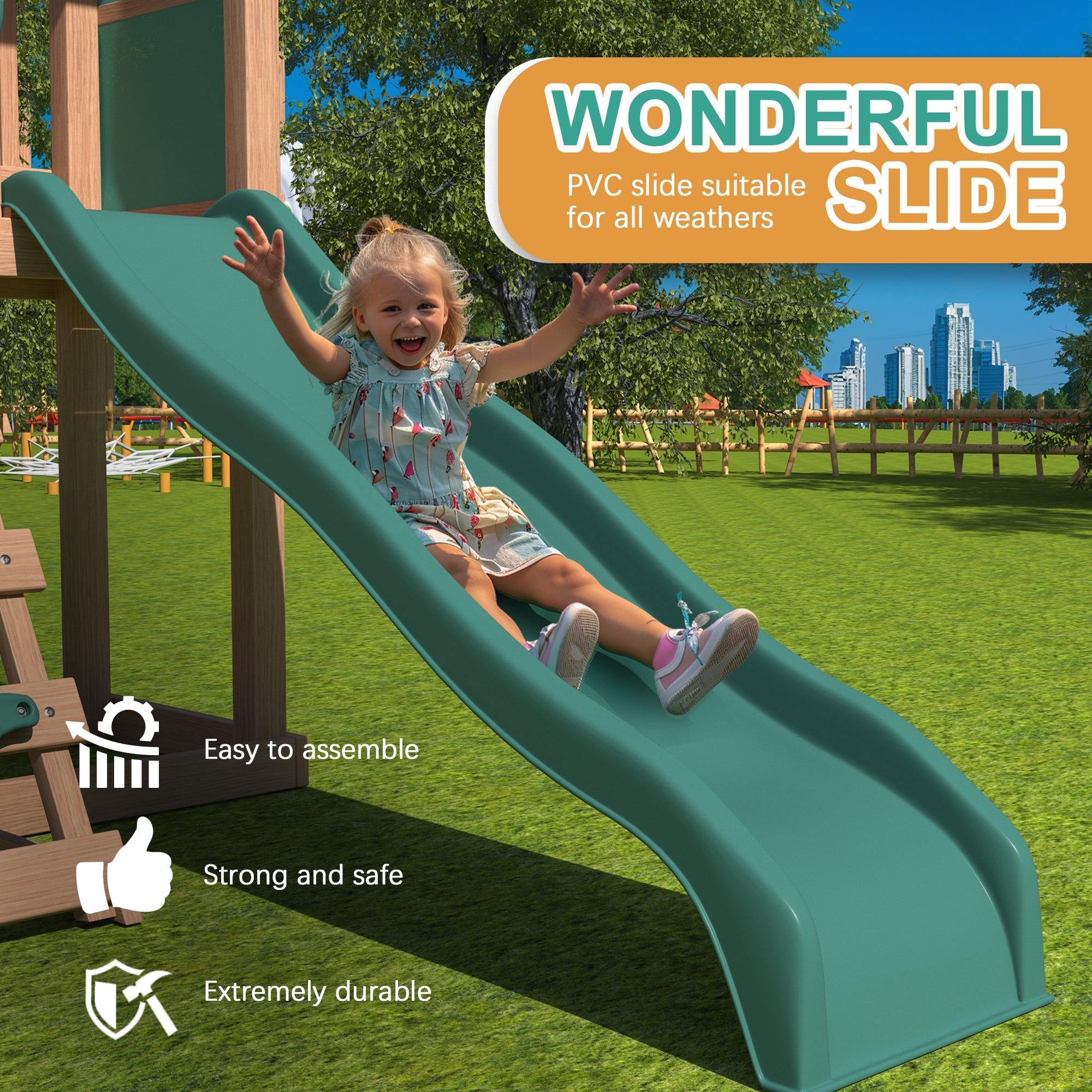 Homrest Swing Sets for Backyard, 4-in-1 Outdoor Swing Set with Slide, Climbing Rock Wall, and Soft Cushion Swings for Backyard Playground