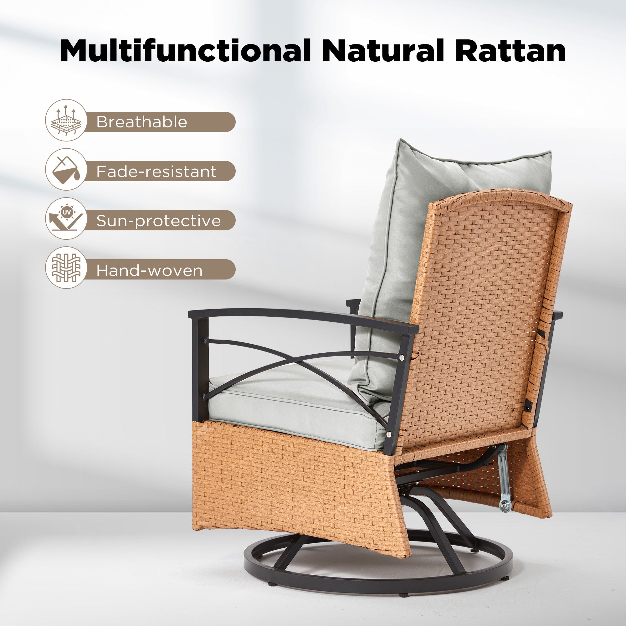HOMREST 3-Piece Patio Swivel Rocker Set with Rattan Coffee Table, Gray