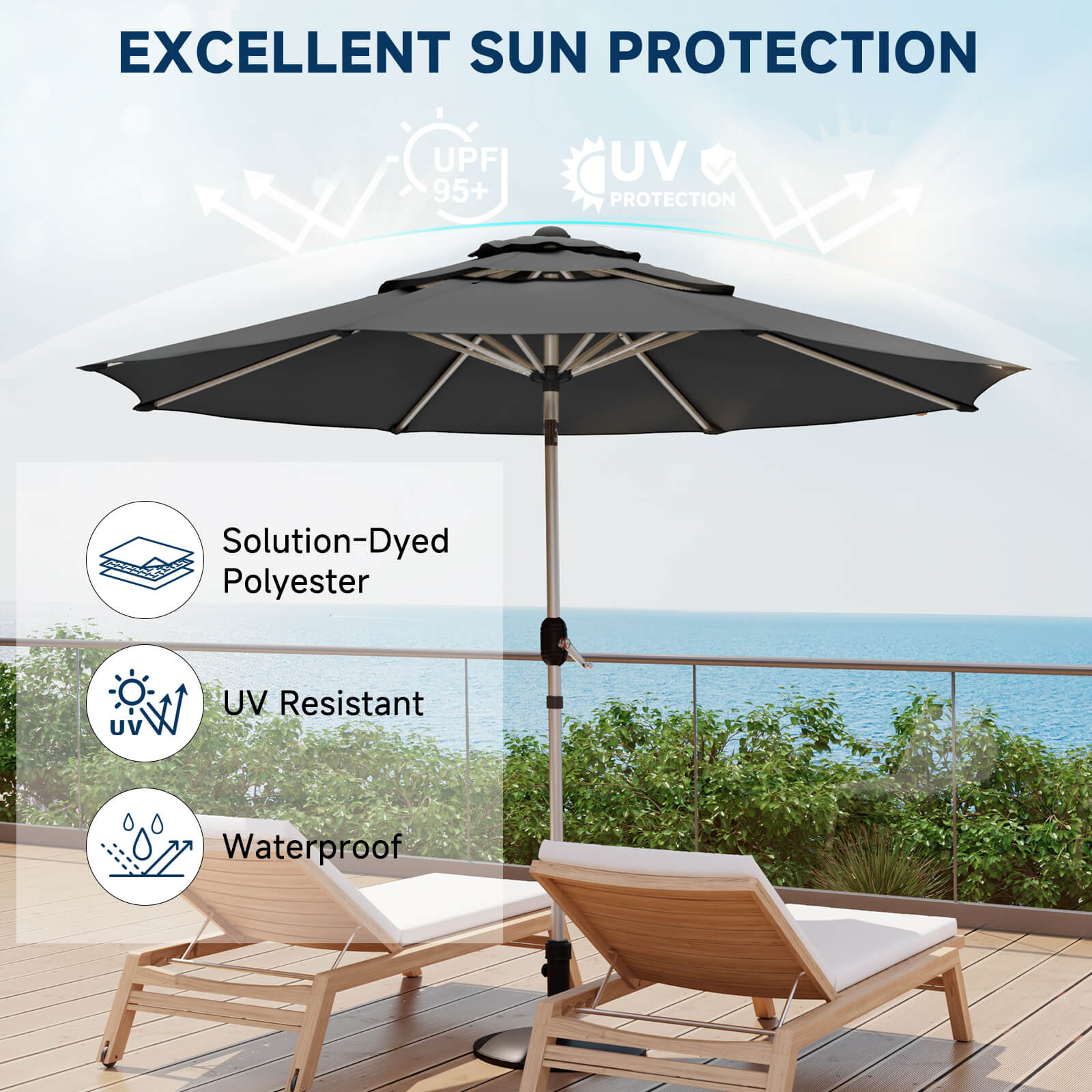 HOMREST 10FT 3-Tier Aluminum Outdoor Patio Umbrella with Push Button Tilt Function, Grey