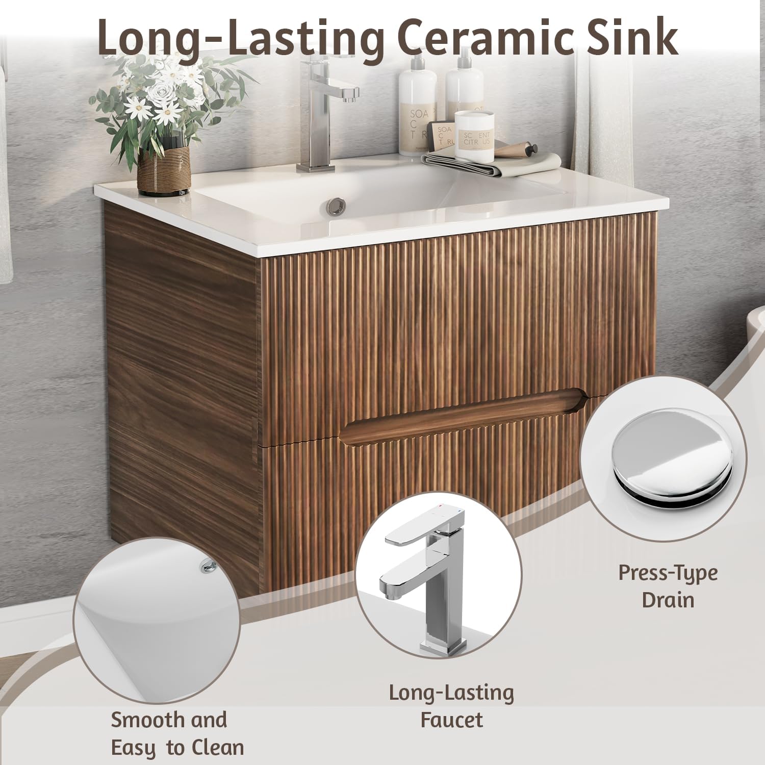 HOMREST 24 Inch Bathroom Vanity with Sink, Floating Bathroom Vanity with Ceramic Basin, Wall Mounted Bathroom Sink Cabinet Set with Soft-Close 2 Drawers, Faucet & Pop Up Drain, Walnut