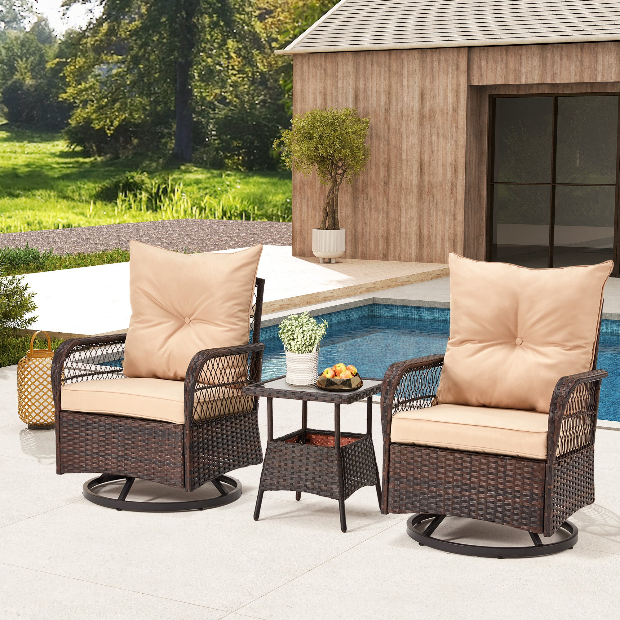 HOMREST 3-Piece Patio Swivel Rocker Set with Rattan Coffee Table, Beige