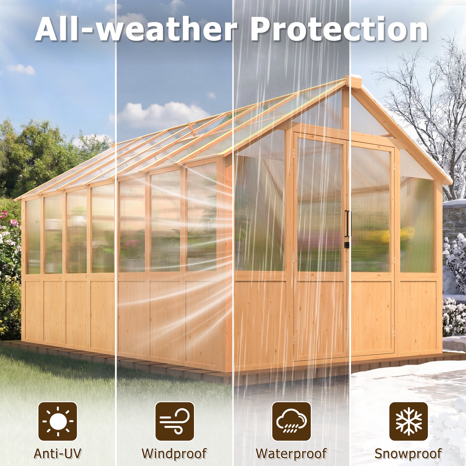 HOMREST 8x12 FT Wooden Greenhouse for Outdoors, Large Walk-in Greenhouse Kit with 4mm Polycarbonate Panels, Adjustable Roof Vent, Lockable Door, Outdoor Greenhouse for Backyard Garden