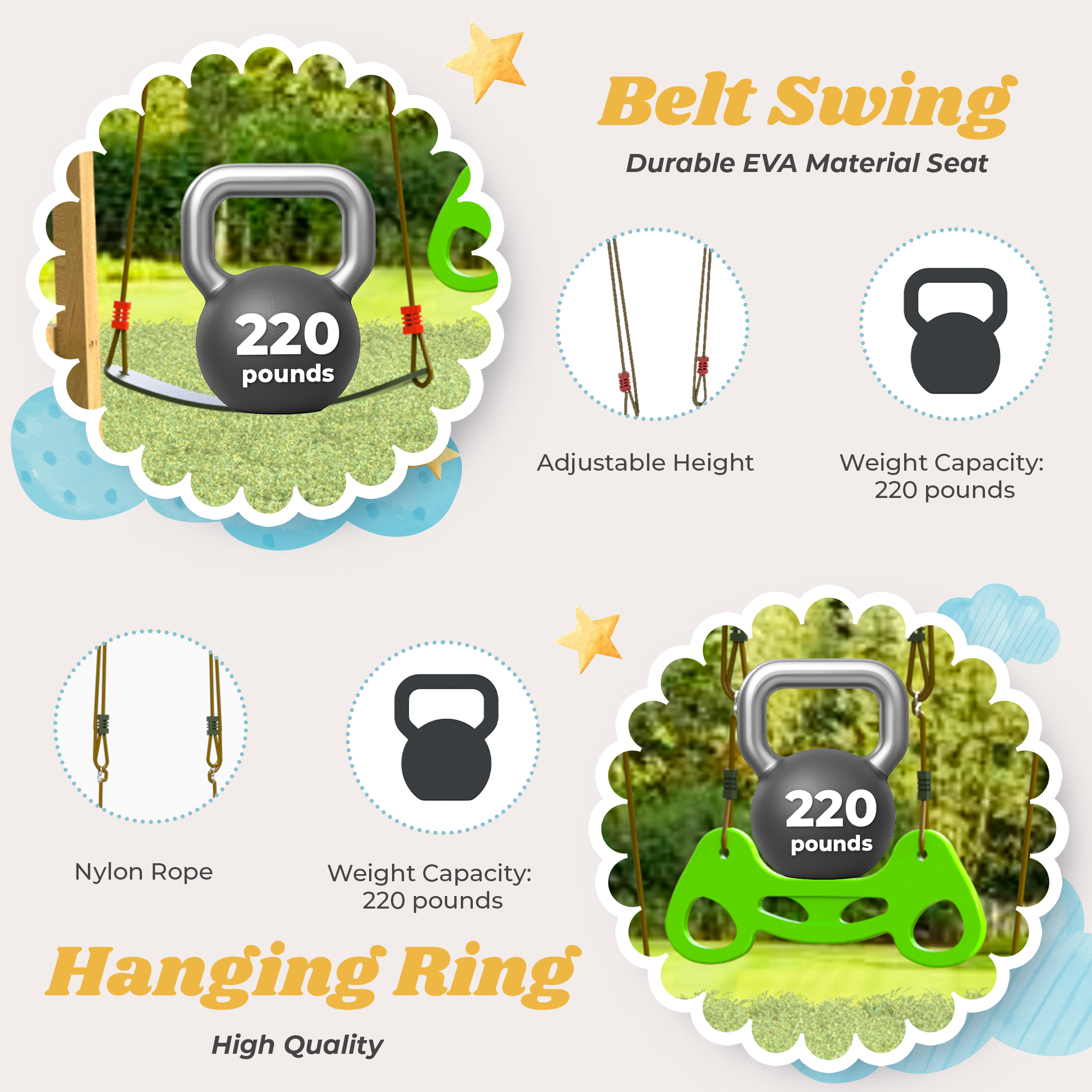 Homrest Wooden Swing Sets for Backyard with 2 Belt Swings and Trapeze Bar, Outdoor Playset for Kids, Backyard Discovery Wooden Swing Set