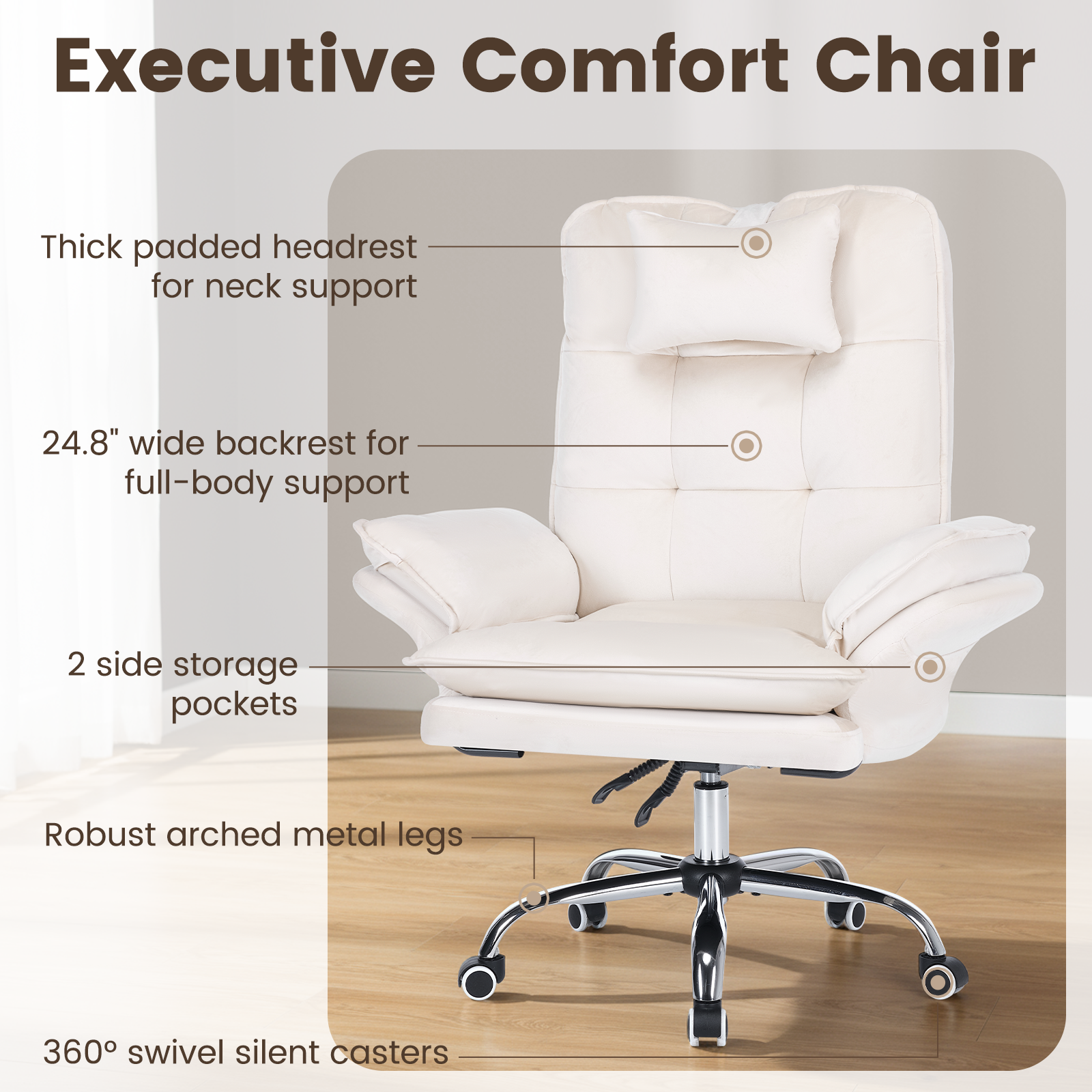 HOMREST Criss Cross Chair with Wheels, Big and Tall Velvet Office Chair Reversible Armrest and Wide Seat, Comfy, Beige