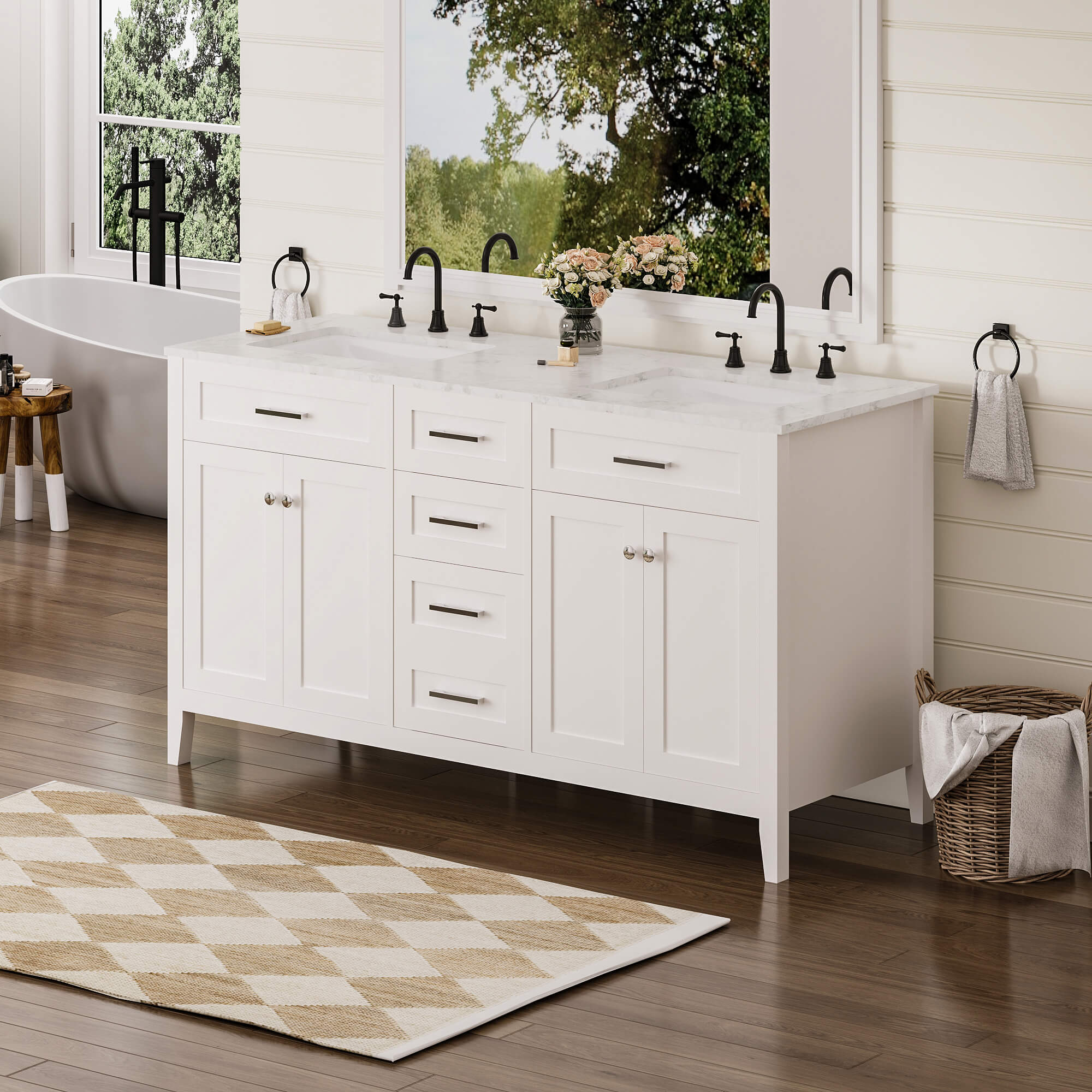 HOMREST 60" Double Bathroom Vanity with Engineered Stone Top, Modern Sink Vanity with Drawers, White