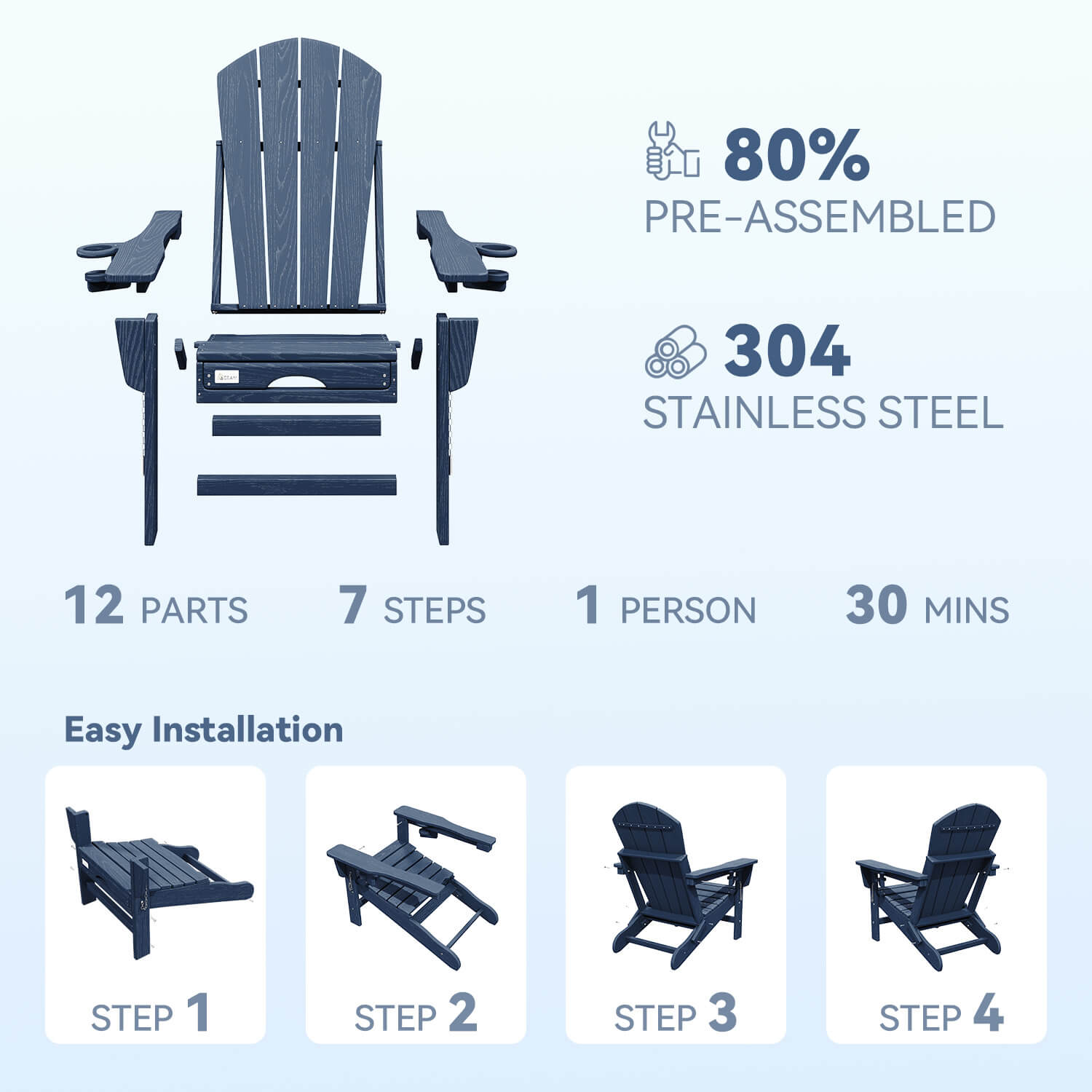 HOMREST 3-Level  Adjustable Adirondack Chair with Retractable Ottoman, Folding HDPE Outdoor Chair with Cup Holders, Navy Blue