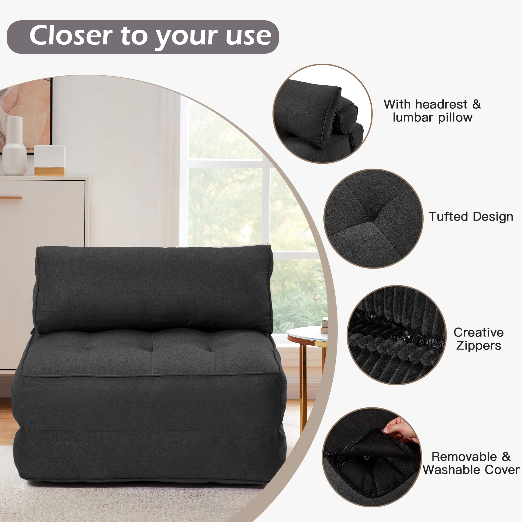 HOMREST 3-Piece Modular Sectional Sofa, Convertible Lounge Set – Foldable Couch Bed, Black