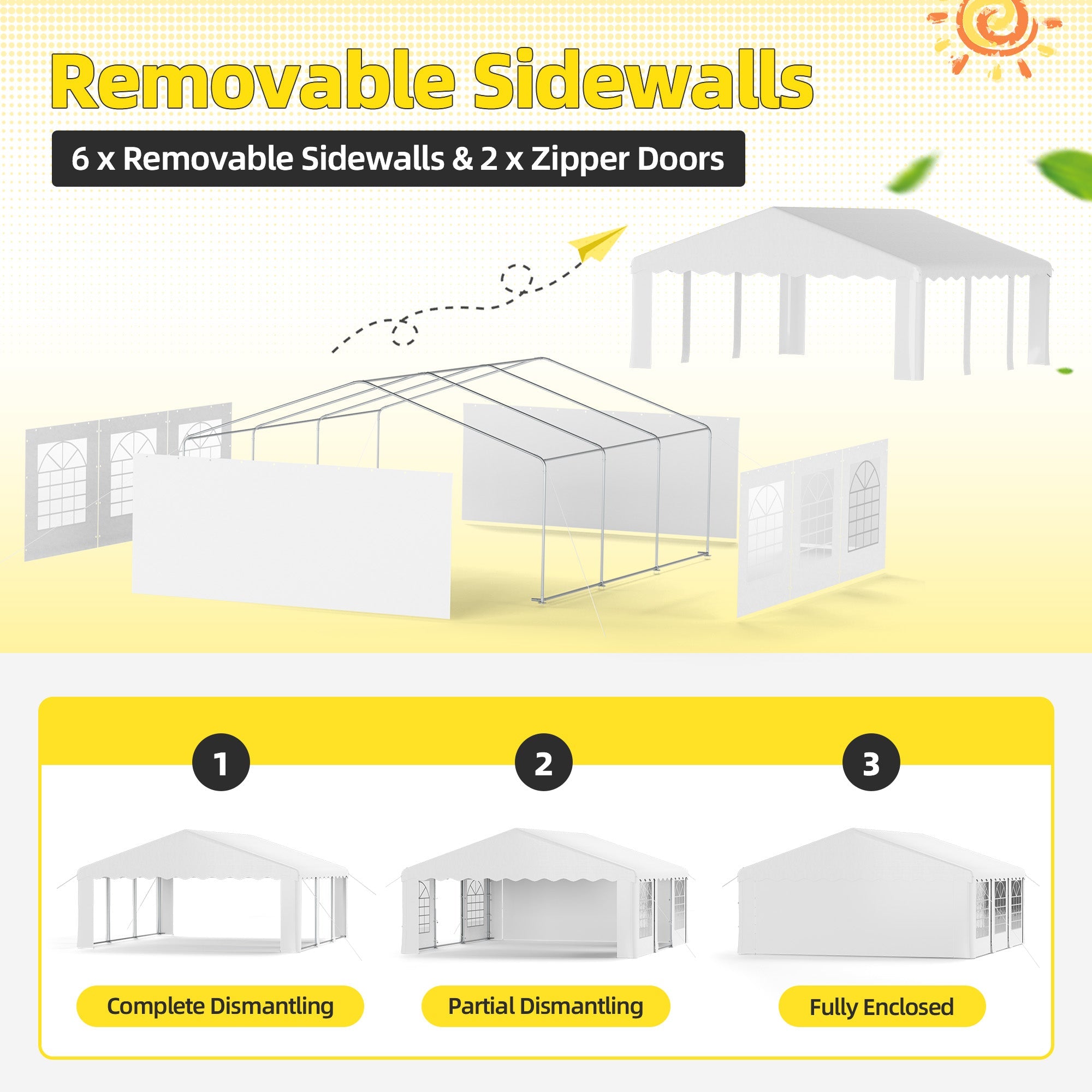 HOMREST 20x20 Ft Heavy Duty Party Tent Gazebo For Events Weddings BBQs Removable Sidewall Windows Storage Bags Included White