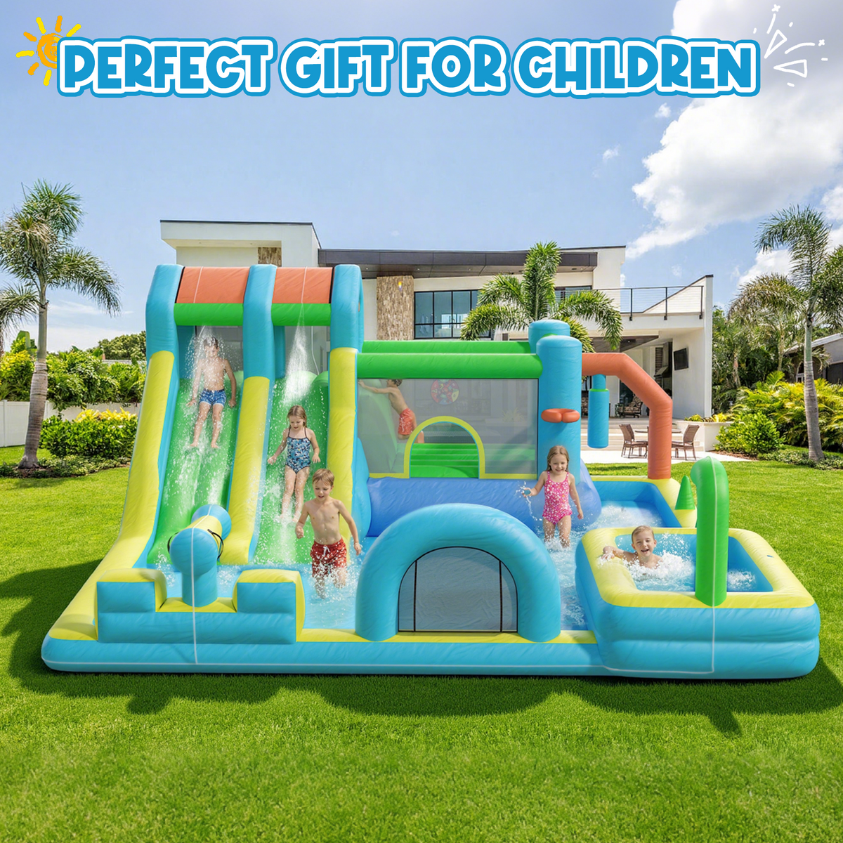 Homrest Inflatable Bounce House, Bouncy House with Double Water Slide, Inflatable Bouncy Castle Water Bounce House with Blower, Climbing Wall, Jumping, Splash Pool for Kids Indoor Outdoor