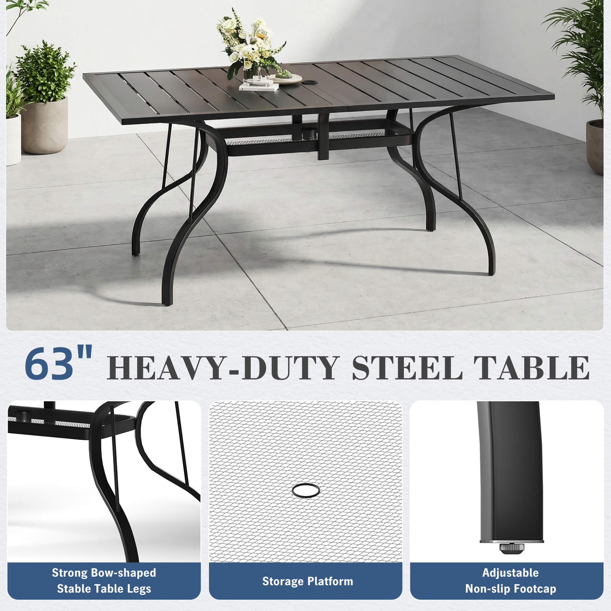 HOMREST 7-Piece Outdoor Patio Dining Set for 6, Rectangular Metal Table with Umbrella Hole & Stackable Chairs