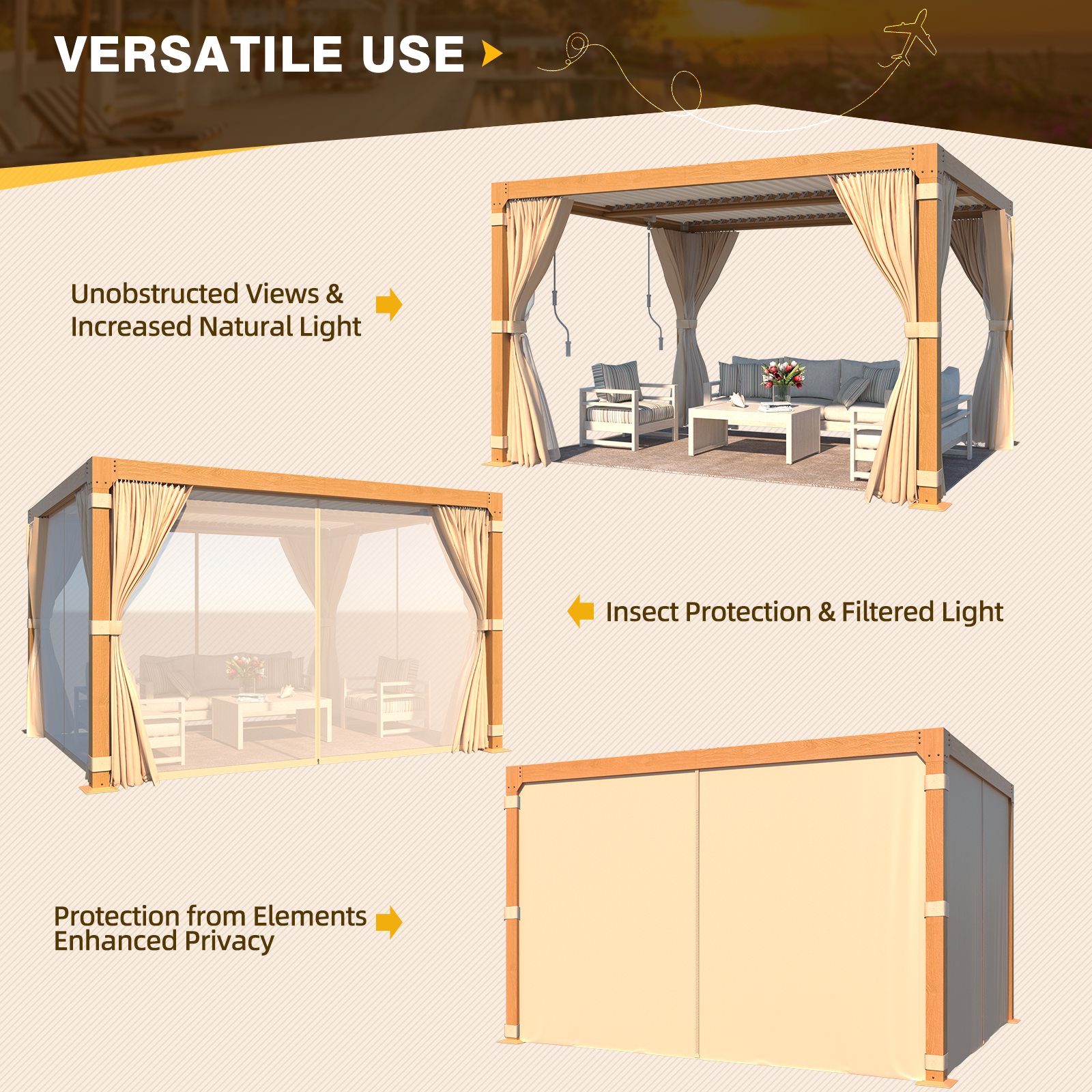 HOMREST Louvered Pergola 10x12 Outdoor Hard Top Pergola with Aluminum Frame and Adjustable Metal Rainproof Roof for Garden & Patio, Curtains and Netting Included, Wood Grain