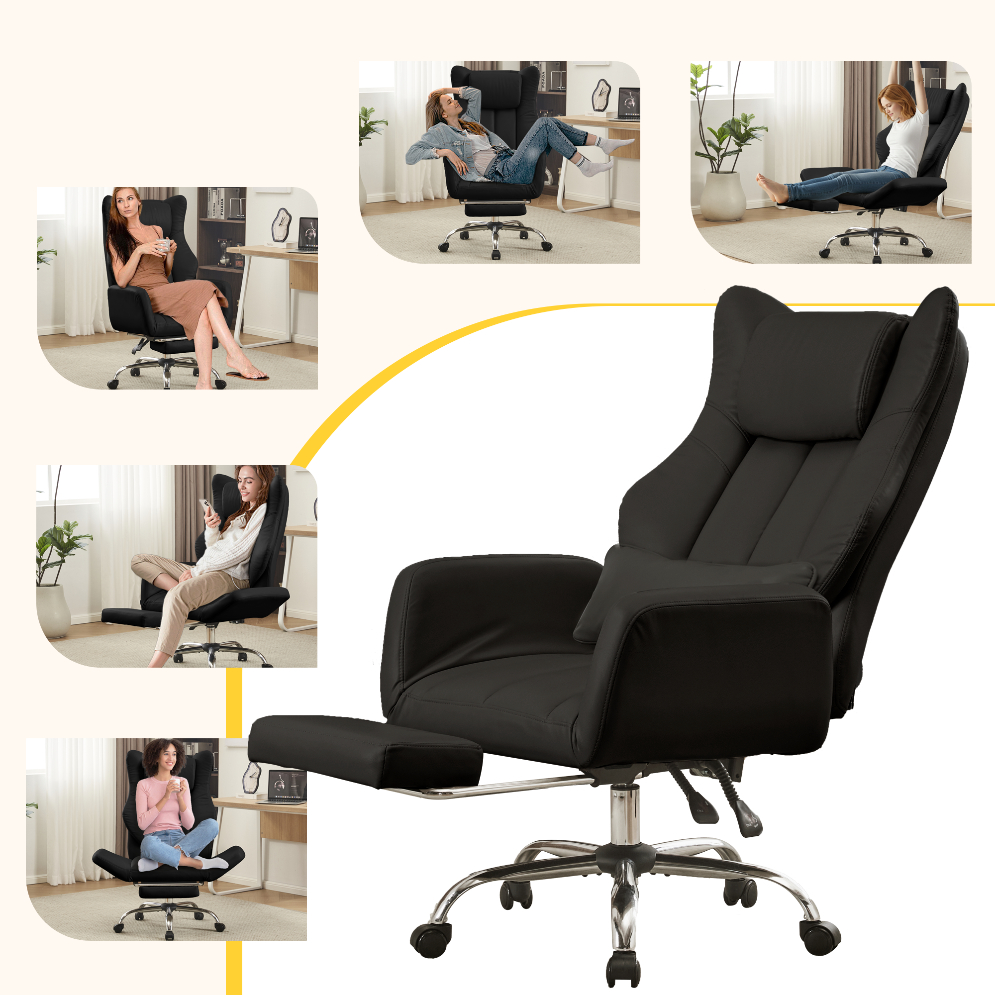 HOMREST Ergonomic Cross Legged Office Chair with Footrest,Big and Tall Leather Executive Chair with Reversible Armrest,Lumbar Pillow and Wheels,155° Reclining Computer Wide Desk Chair for Home,Office (Black)