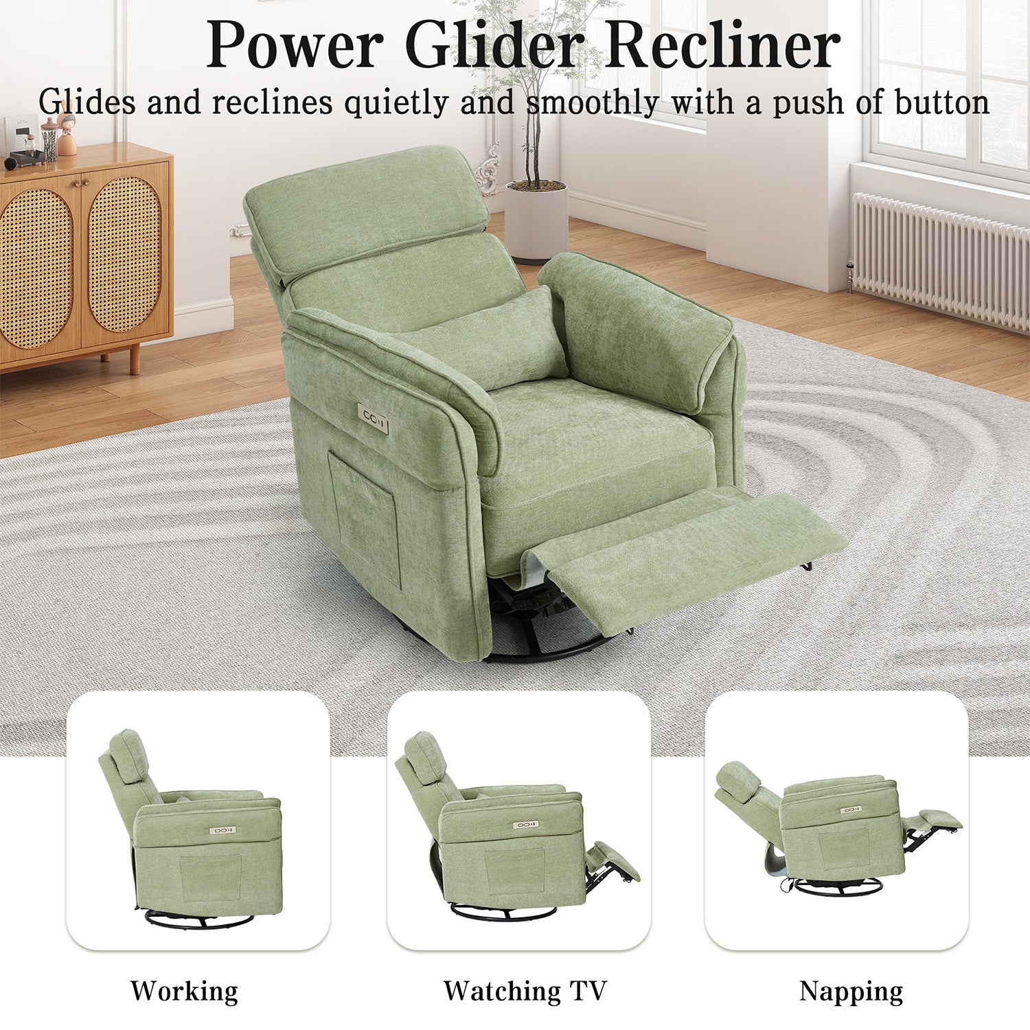 HOMREST Power Swivel Rocking Recliner Chair with Adjustable Headrest and Armrests, Green