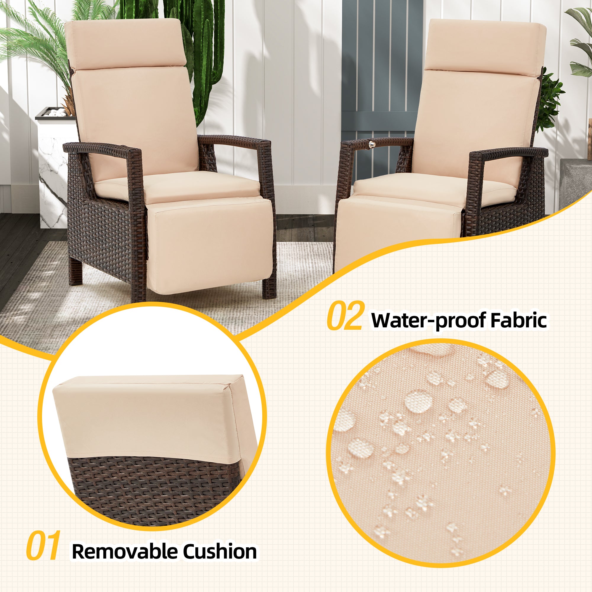 HOMREST Outdoor Recliner Chair Set of 2, up to 150°with Removable Cushion, Khaki