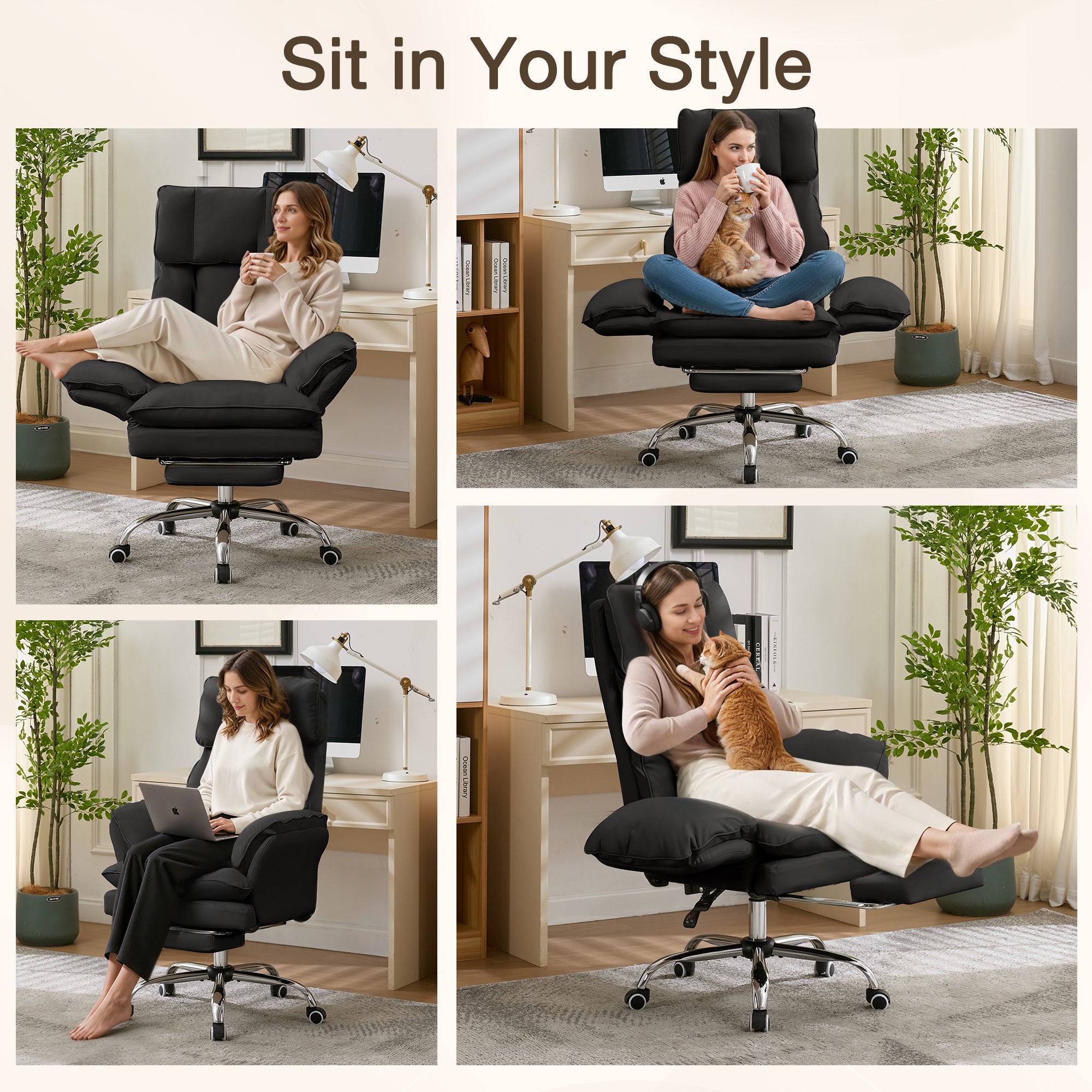 HOMREST Cloud Cross Legged Office Chair with Footrest,Leather Big and Tall Executive Ergonomic Chair,155° Reclining Computer Wide Desk Chair, Black