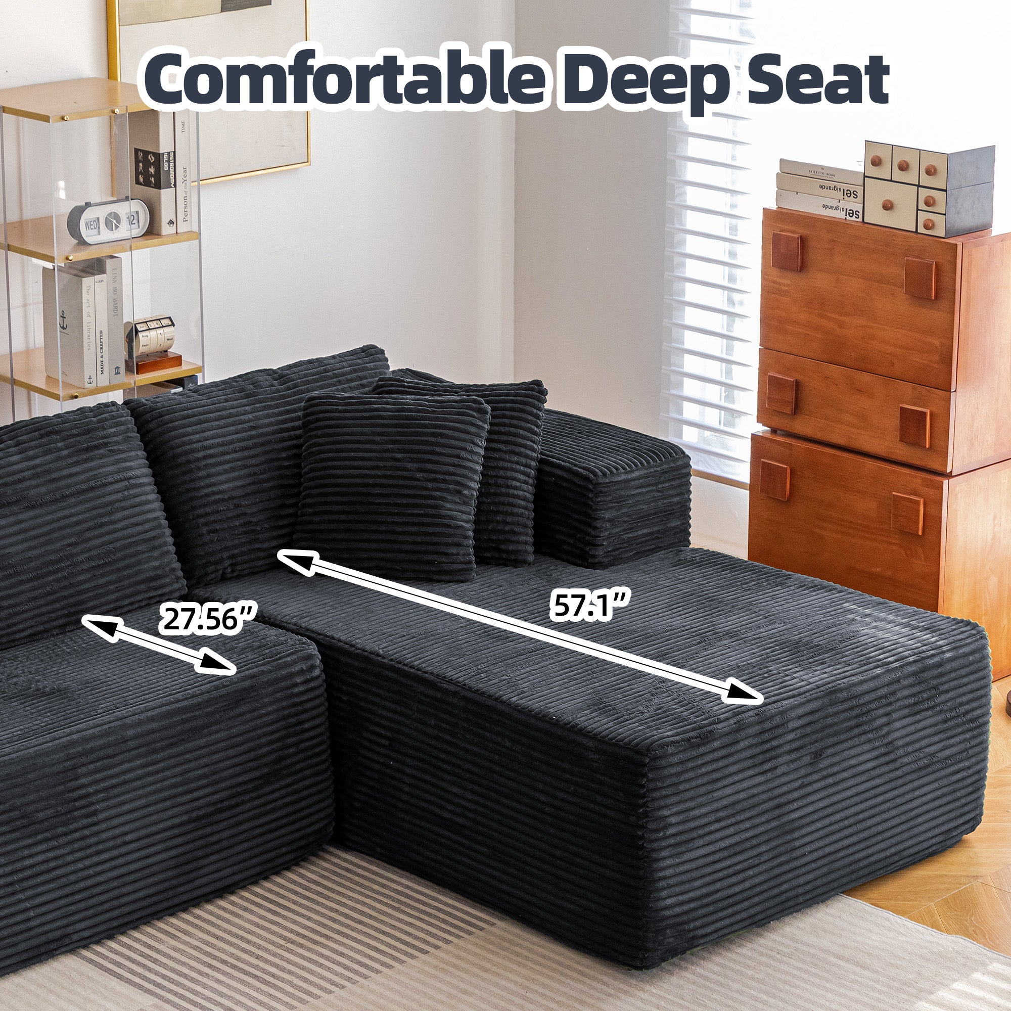 HOMREST 106 inch Cloud Sectional Couch with Chaise Lounge for Living Room, Corduroy Fabric, Black