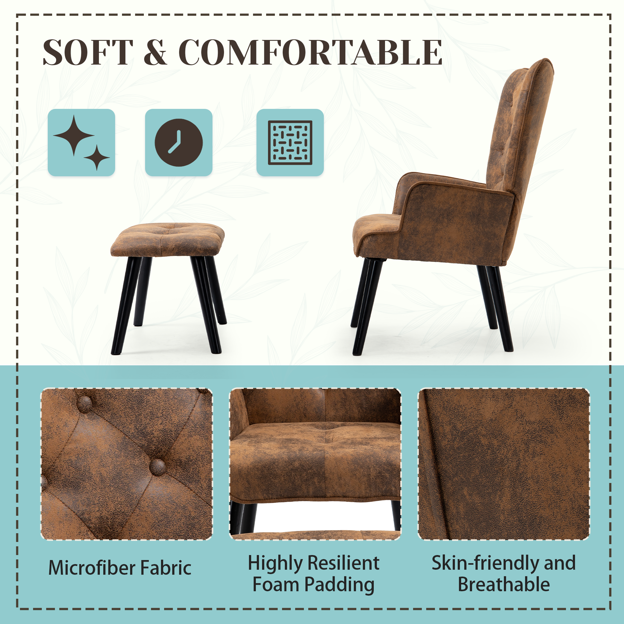 HOMREST Accent Chair with Ottoman(Anti-Skid Feet Caps), Button Wingback Leisure Single Sofa, Arms Upholstered Tall Back Desk Chair, Brown