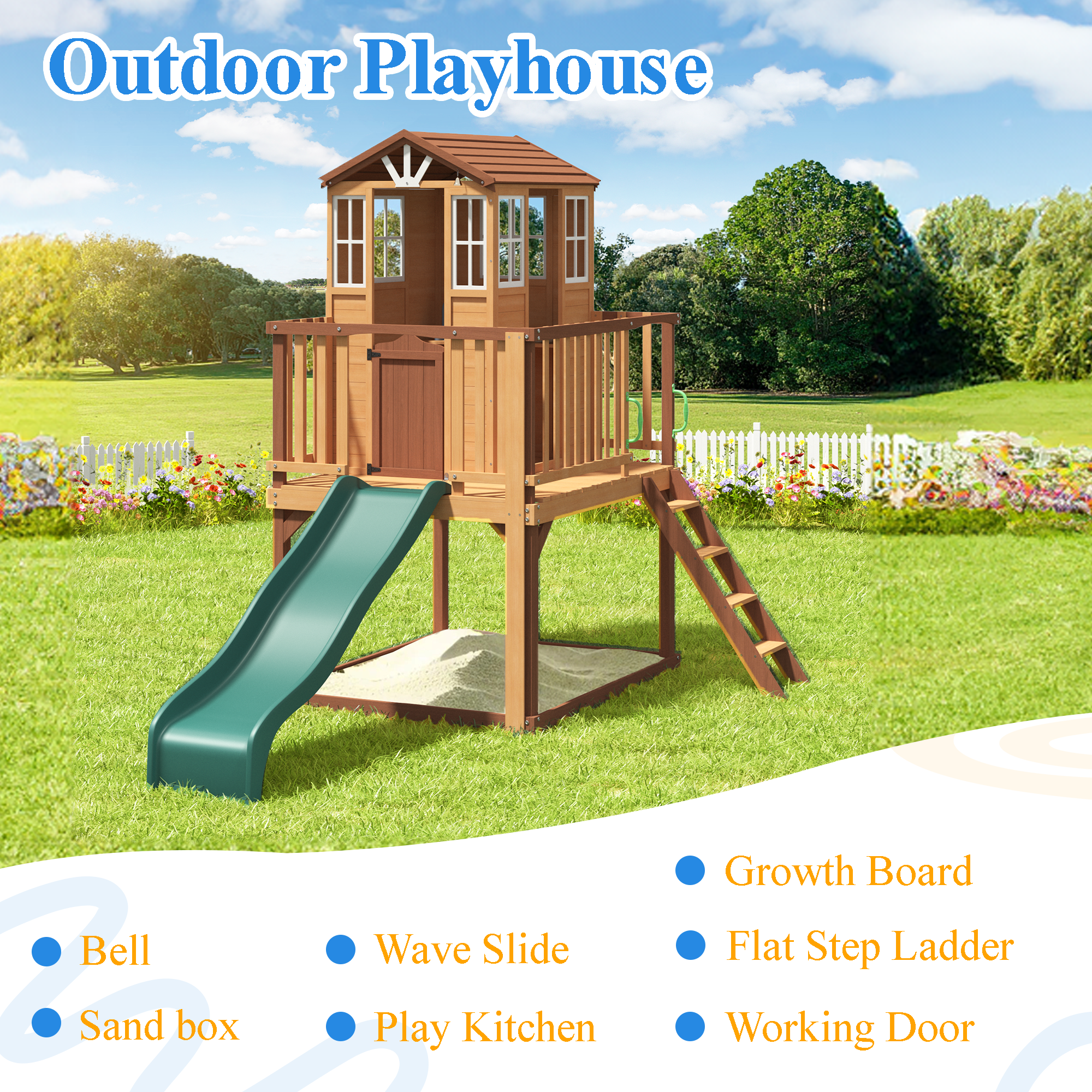 Homrest  Outdoor Wooden Playhouse for Kids - Fir Tree House with Slide, Climbing Ladder & Play Kitchen | Ages 4-8, Wood
