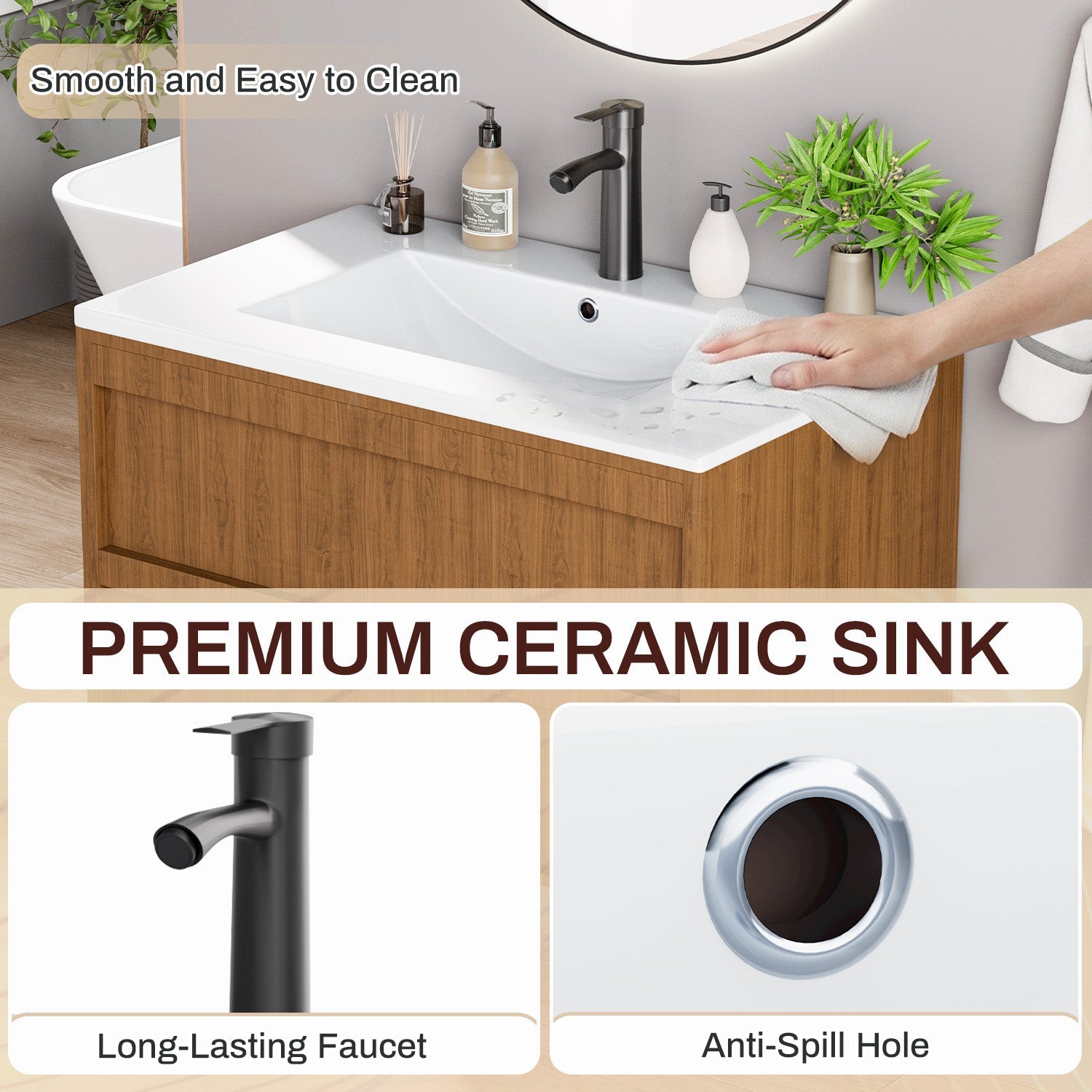 HOMREST 30 Inch Bathroom Vanity with Sink, Floating Bathroom Vanity with 2 Large Storage Drawers, Wood Grain Wall Mounted Bathroom Cabinet, Brown